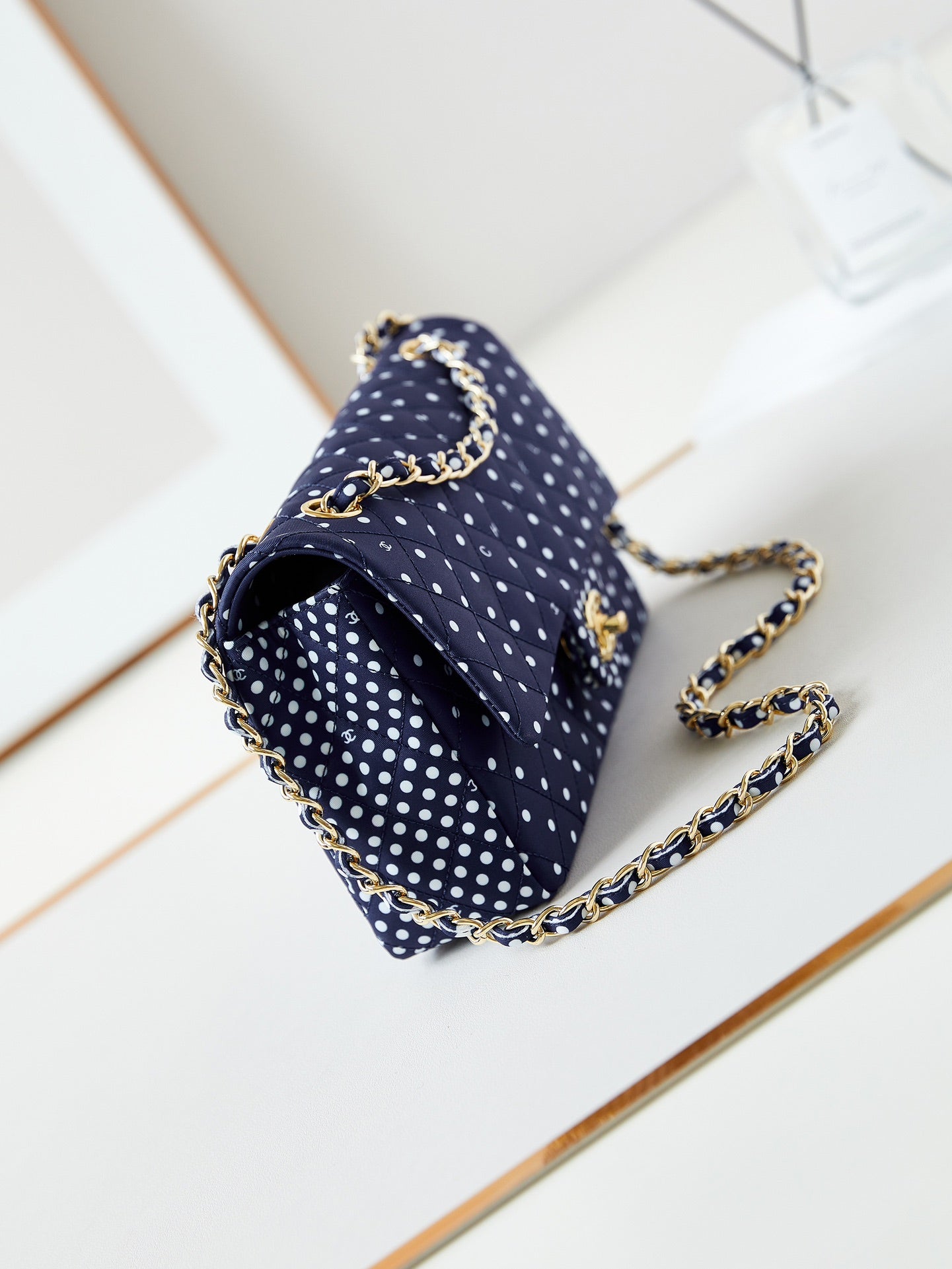 24p medium flap bag 25cm dark blue canvas white polka dot