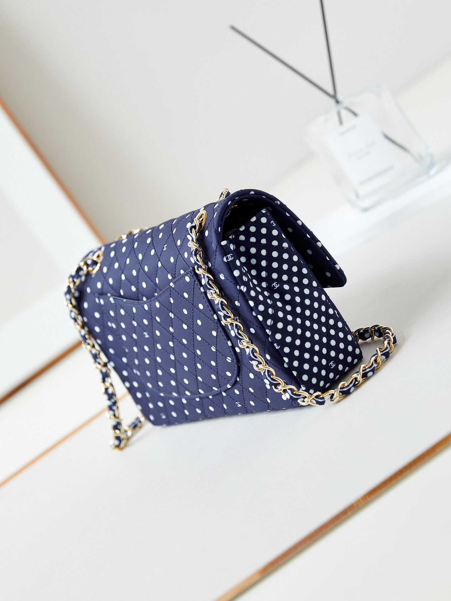 24p medium flap bag 25cm dark blue canvas white polka dot