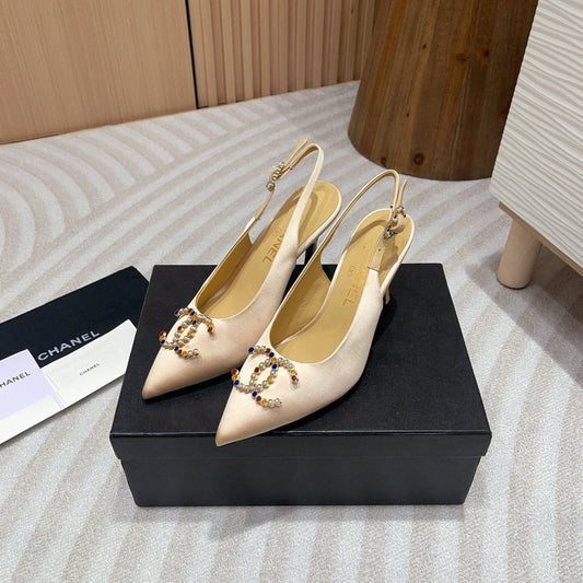 CC HIGH SLINGBACKS BEIGE CREAM SATIN AND LAMBSKIN