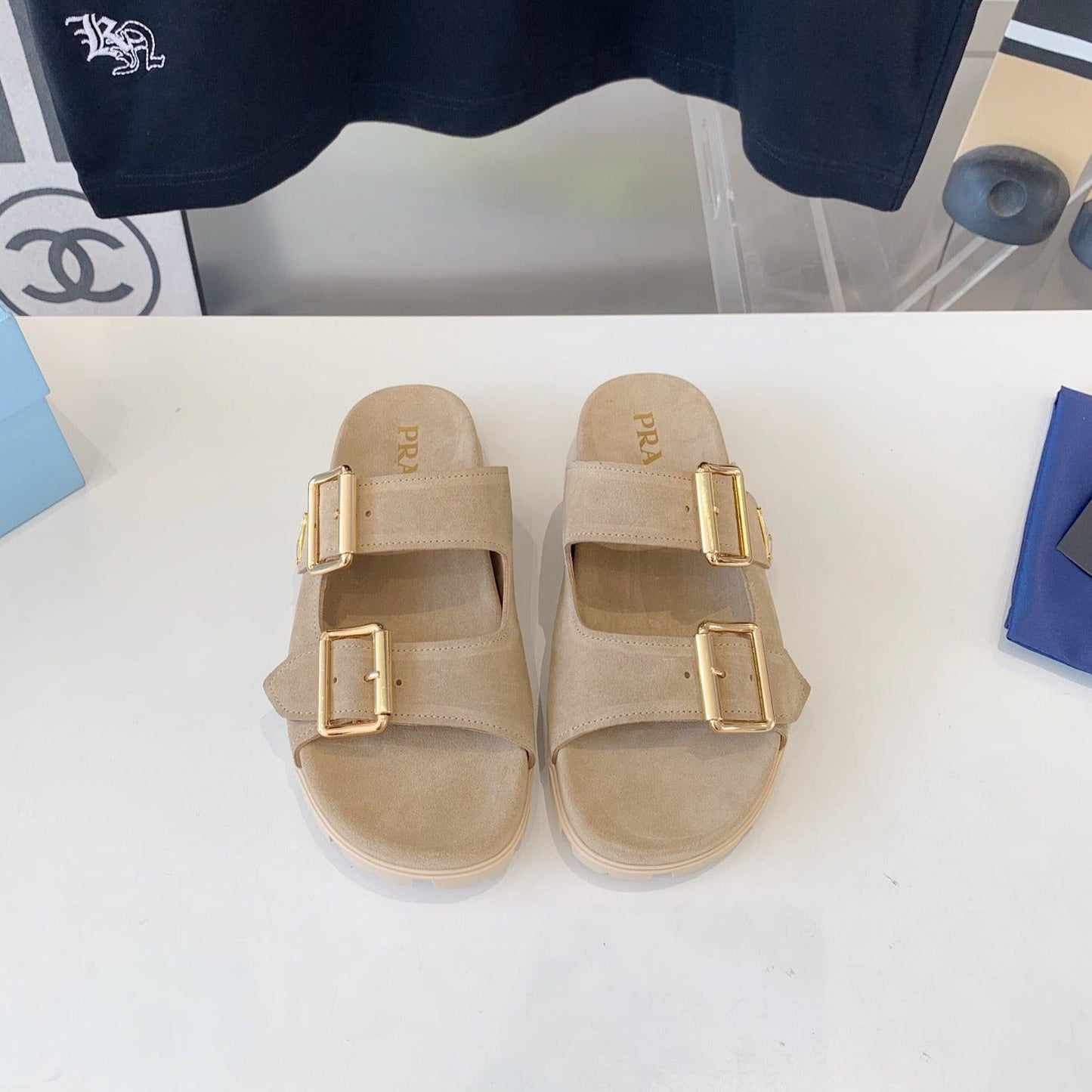 PRA STRAP SLIDES SANDALS BEIGE SUEDE