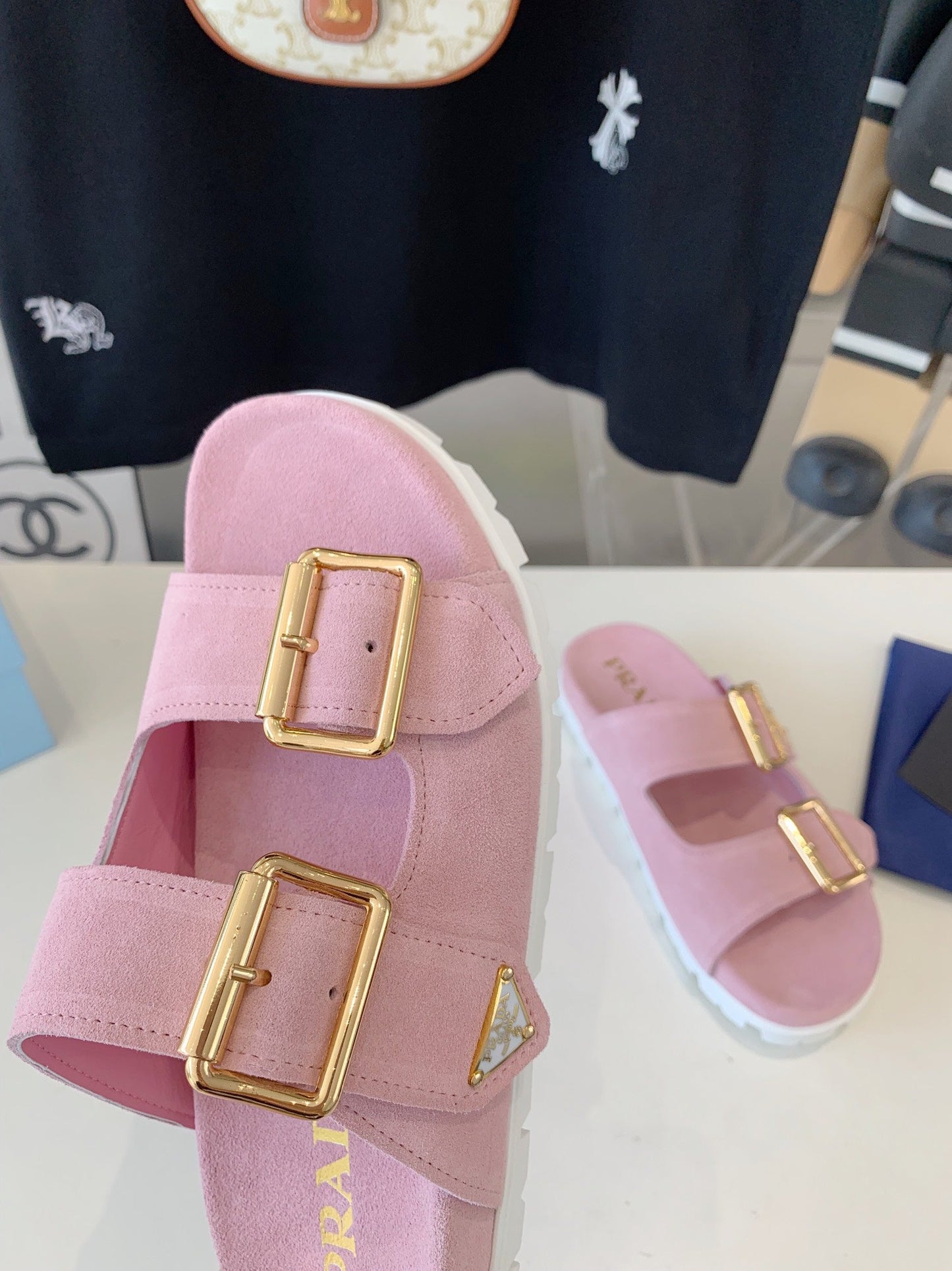 PRA STRAP SLIDES SANDALS PASTEL PINK SUEDE