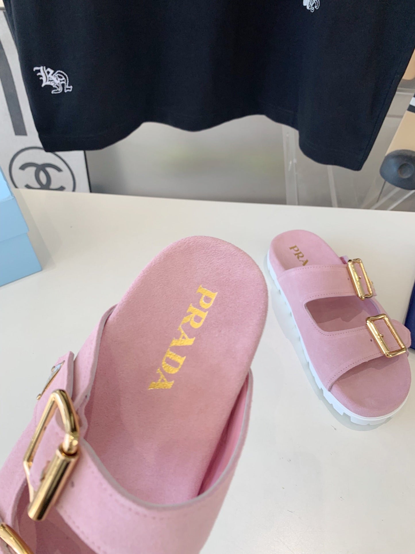 PRA STRAP SLIDES SANDALS PASTEL PINK SUEDE