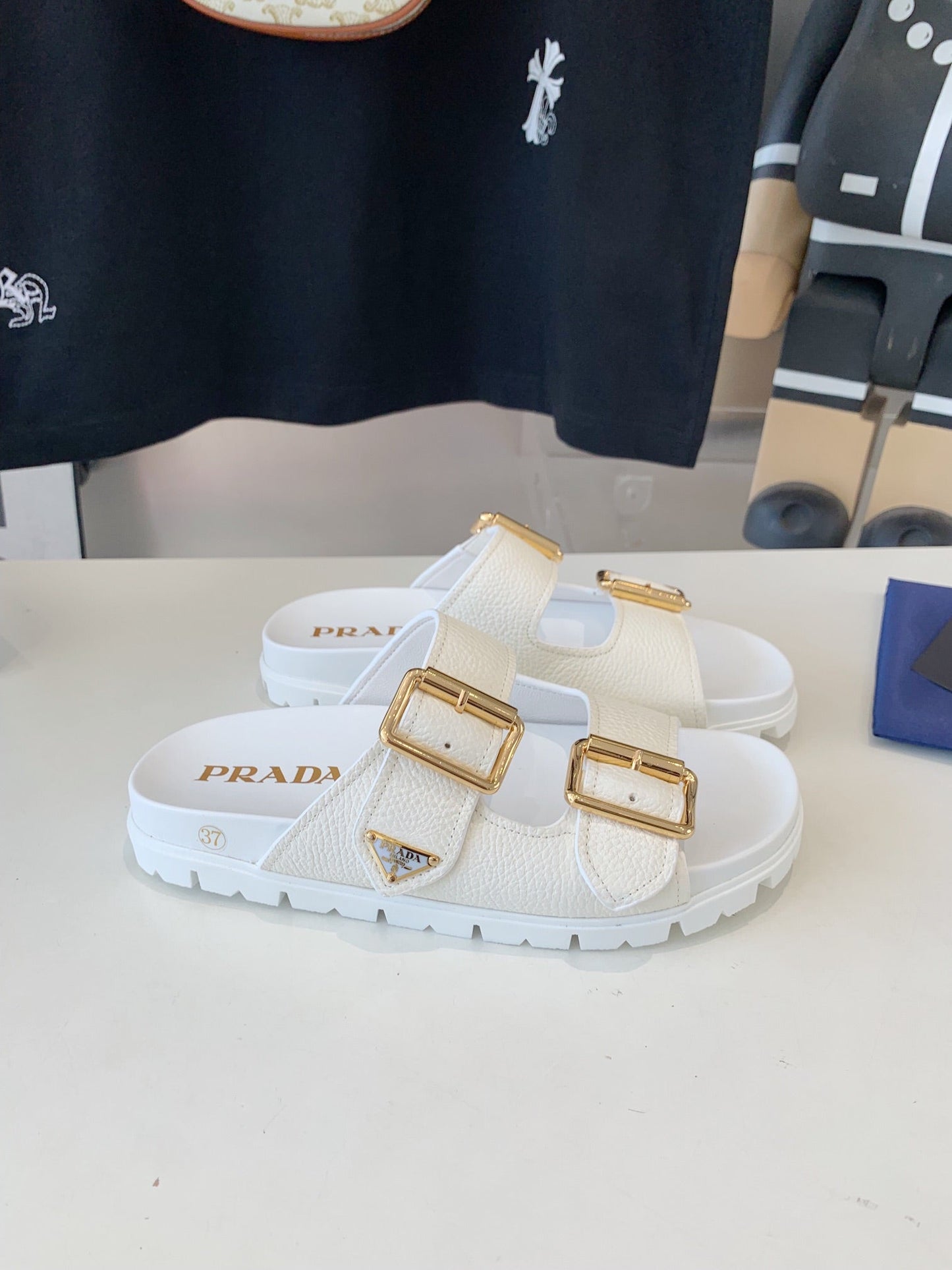 PRA STRAP SLIDES SANDALS WHITE LAMBSKIN