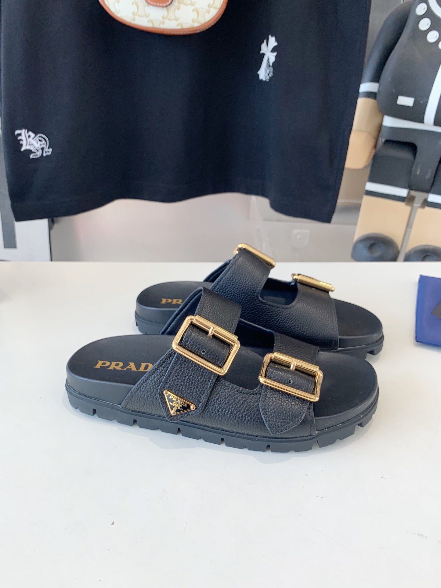 PRA STRAP SLIDES SANDALS BLACK LAMBSKIN