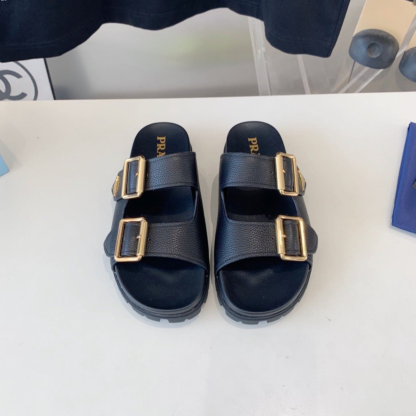 PRA STRAP SLIDES SANDALS BLACK LAMBSKIN