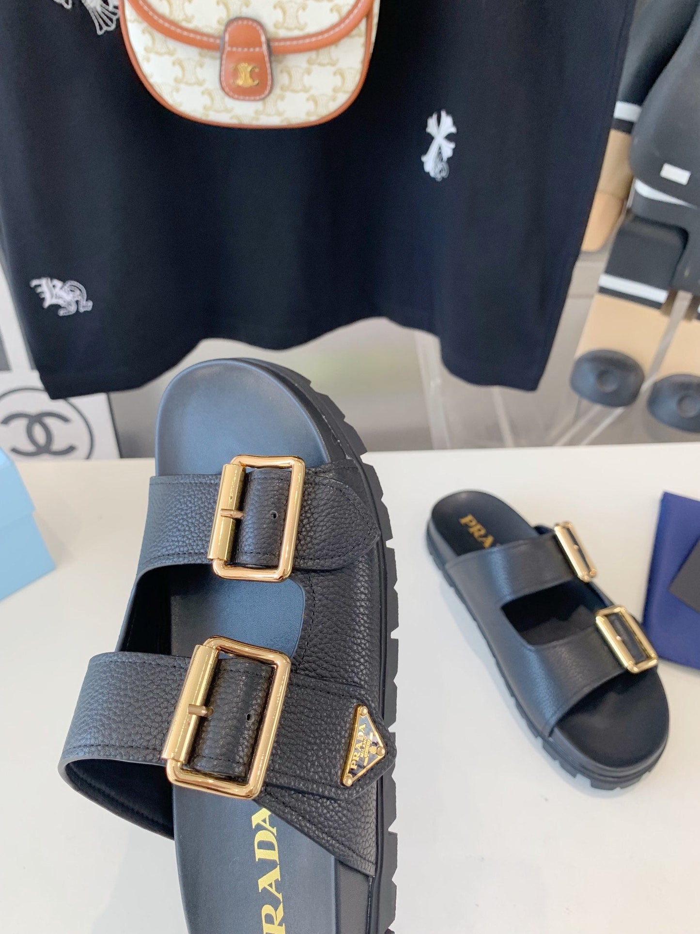 PRA STRAP SLIDES SANDALS BLACK LAMBSKIN