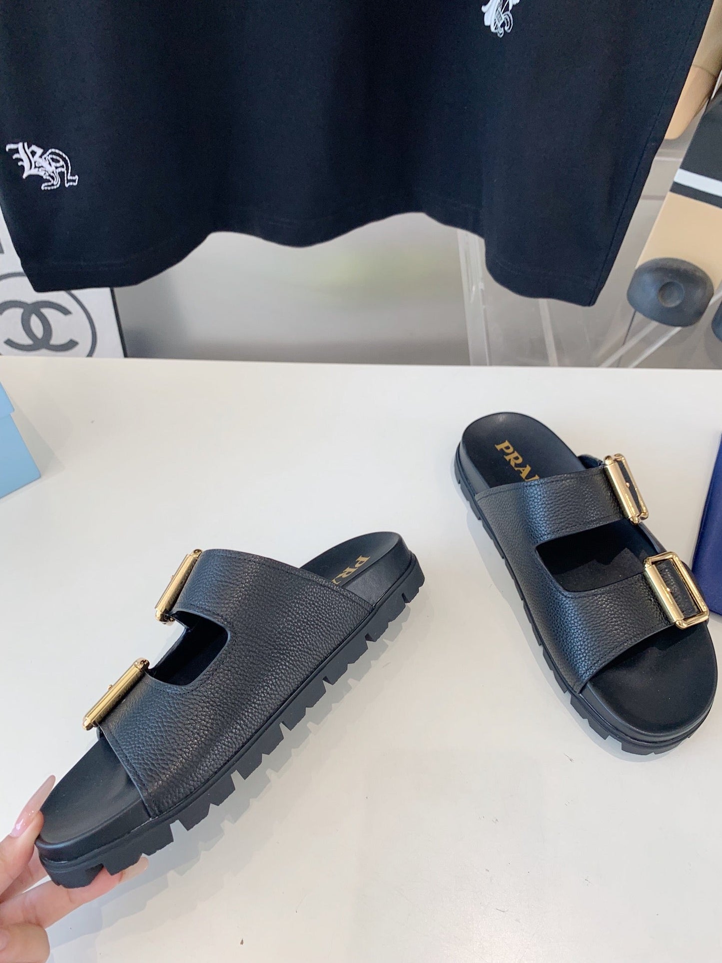 PRA STRAP SLIDES SANDALS BLACK LAMBSKIN