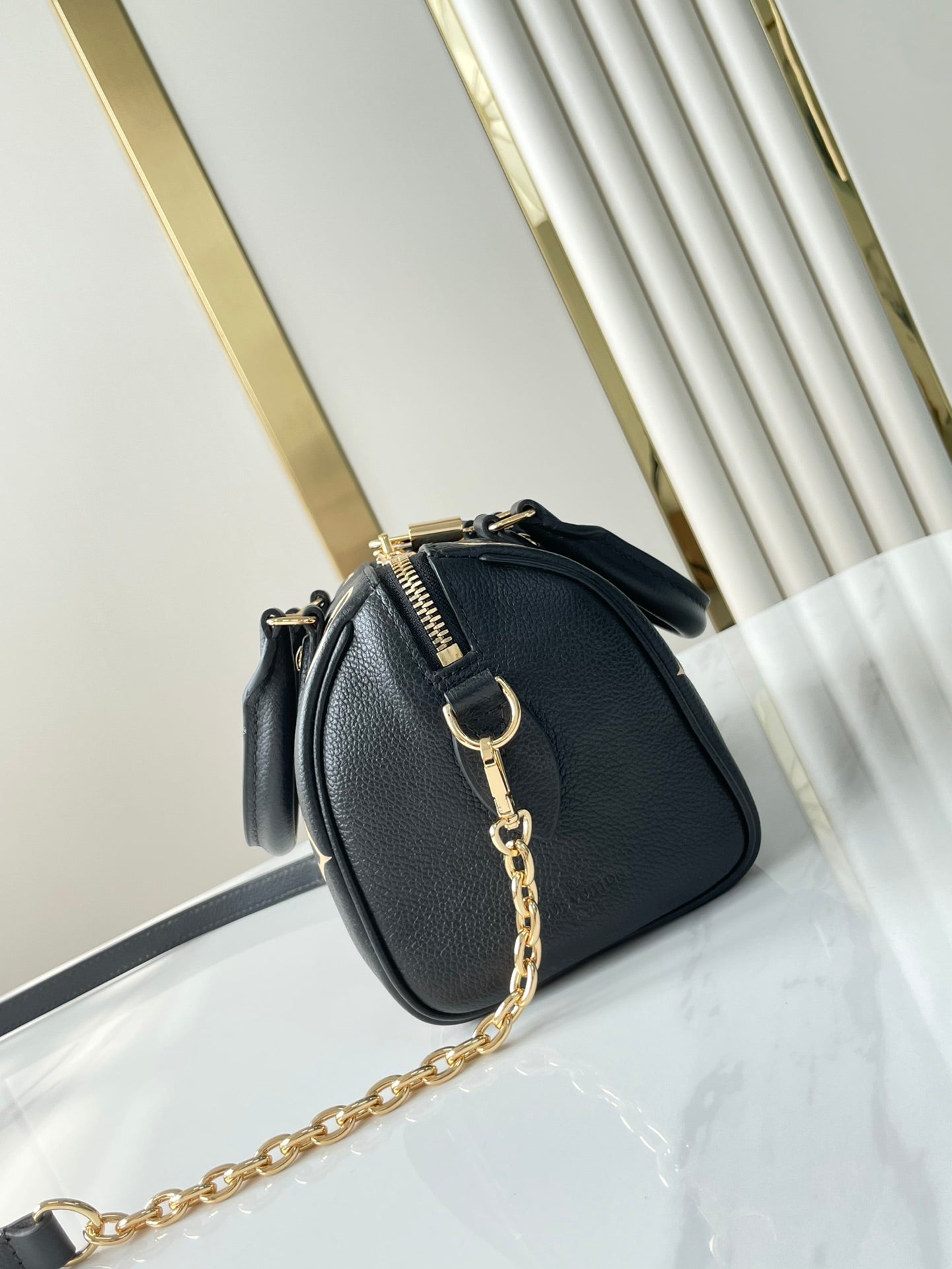 SPEEDY BANDOULIÈRE 20 IN BLACK CREAM MONOGRAM EMPREINTE LEATHER GOLD HARDWARE