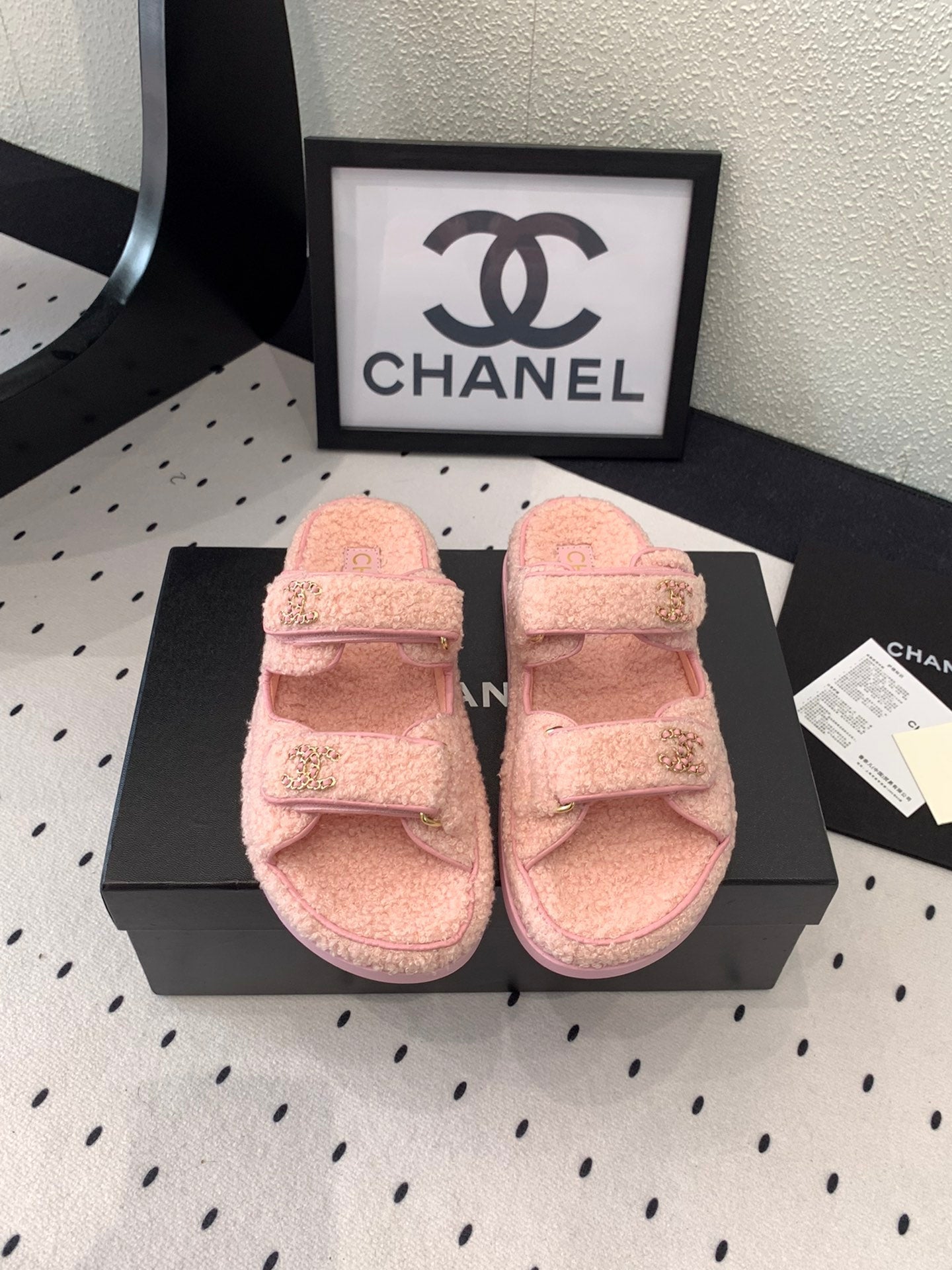 CC DAD SANDAL MULE IN ROSE PINK LAMB FUR