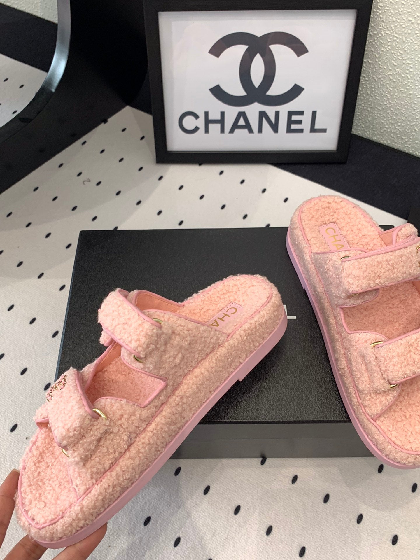 CC DAD SANDAL MULE IN ROSE PINK LAMB FUR