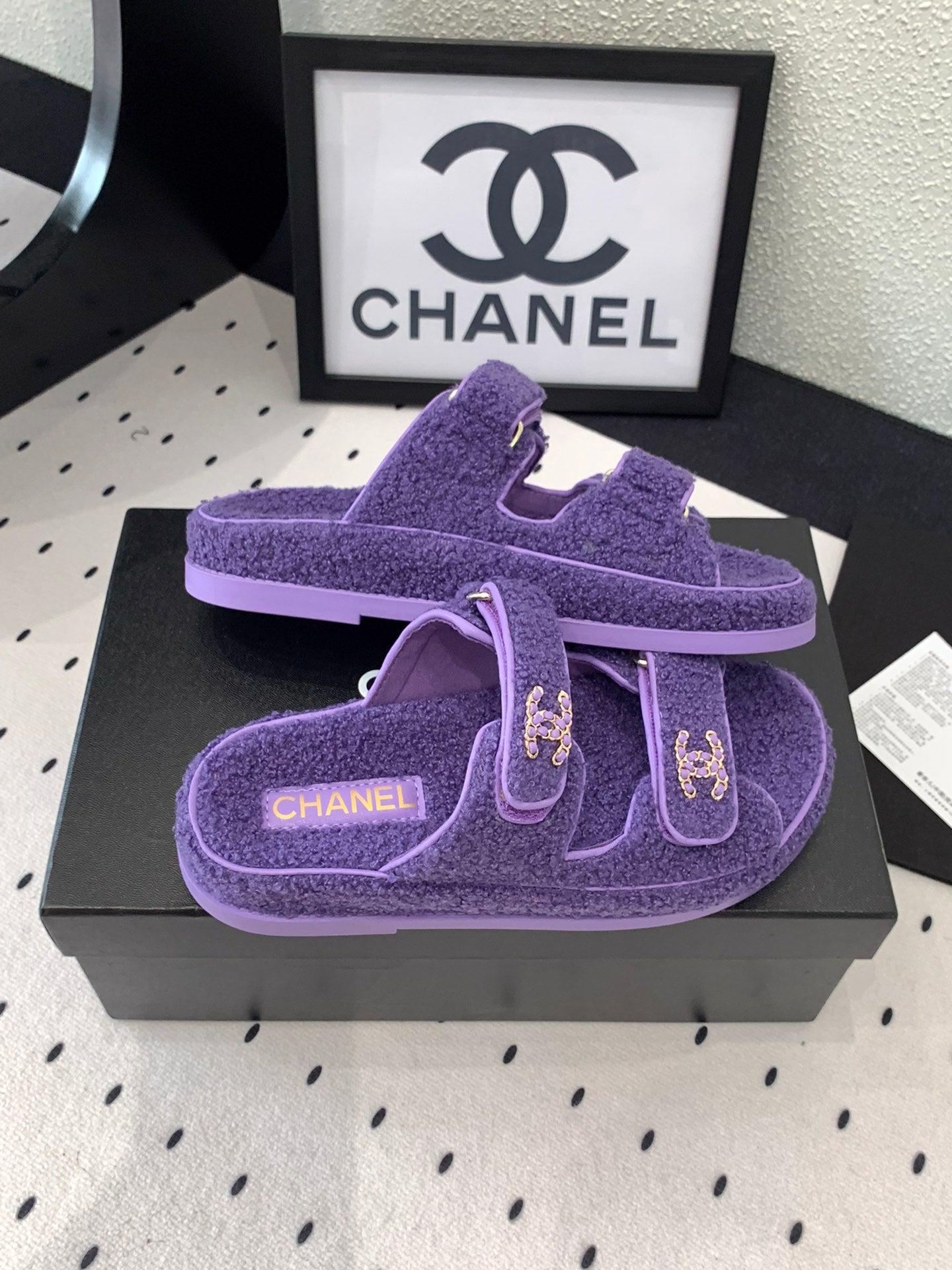 CC DAD SANDAL MULE IN PLUM PURPLE LAMB FUR