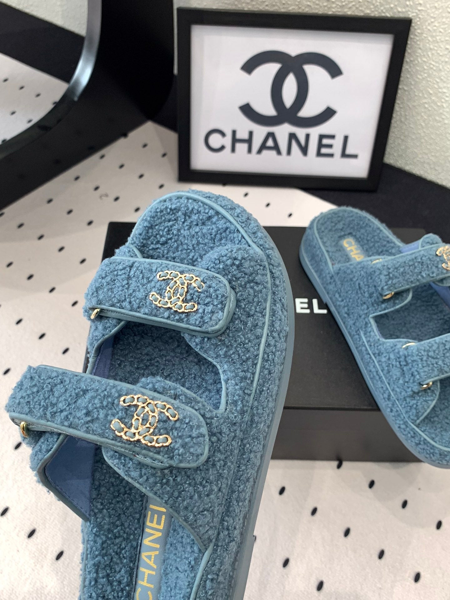 CC DAD SANDAL MULE IN AEGEAN BLUE LAMB FUR