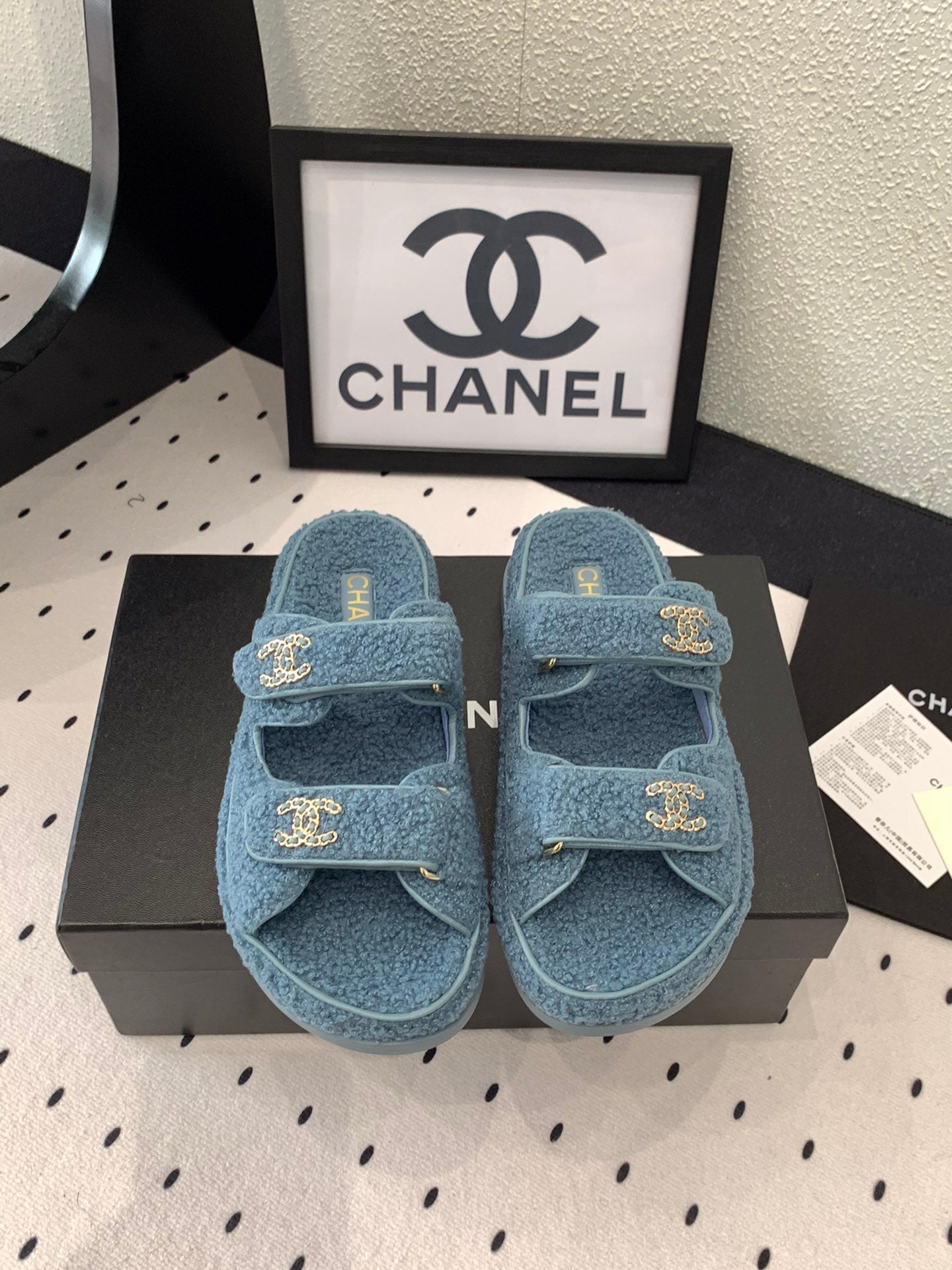 CC DAD SANDAL MULE IN AEGEAN BLUE LAMB FUR