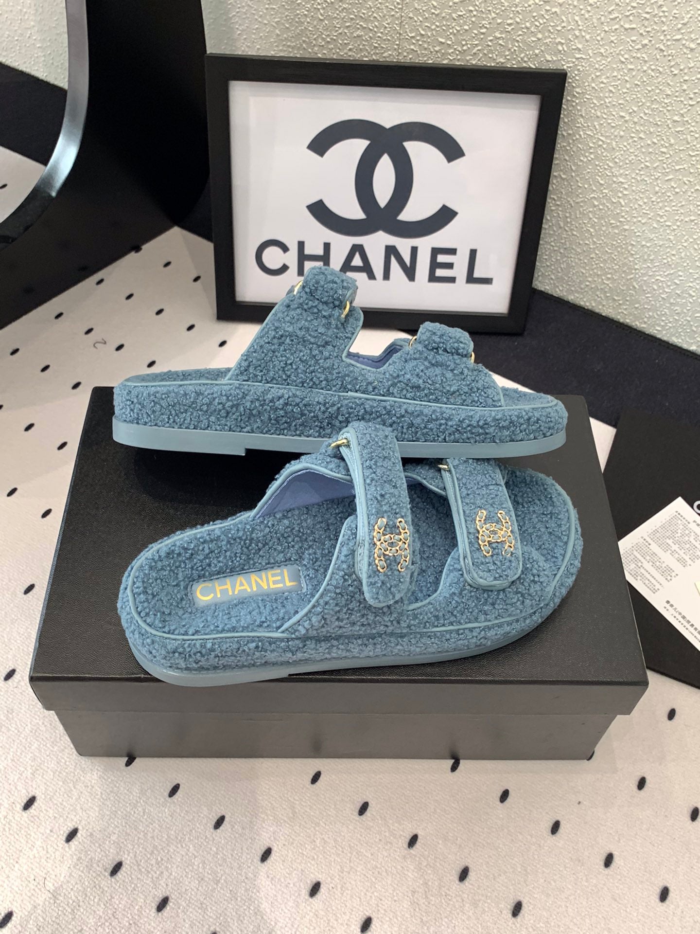 CC DAD SANDAL MULE IN AEGEAN BLUE LAMB FUR