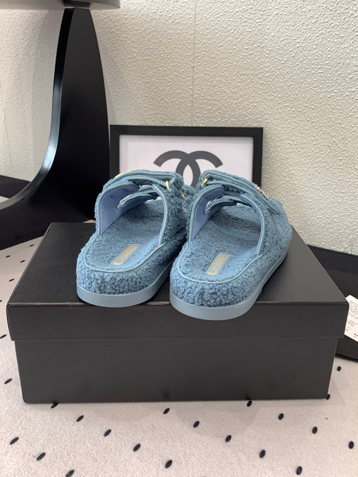 CC DAD SANDAL MULE IN AEGEAN BLUE LAMB FUR