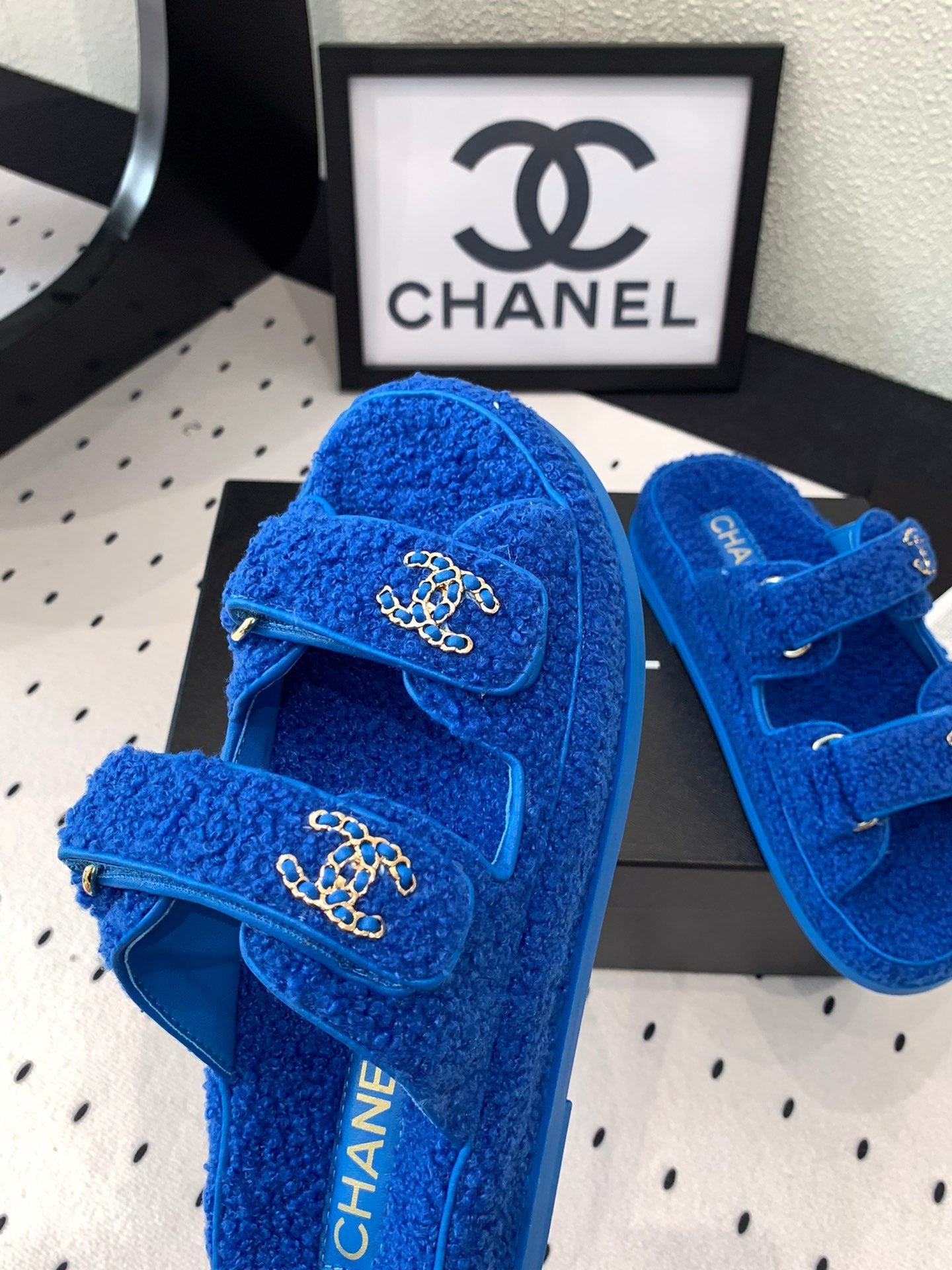 CC DAD SANDAL MULE IN AZURE BLUE LAMB FUR