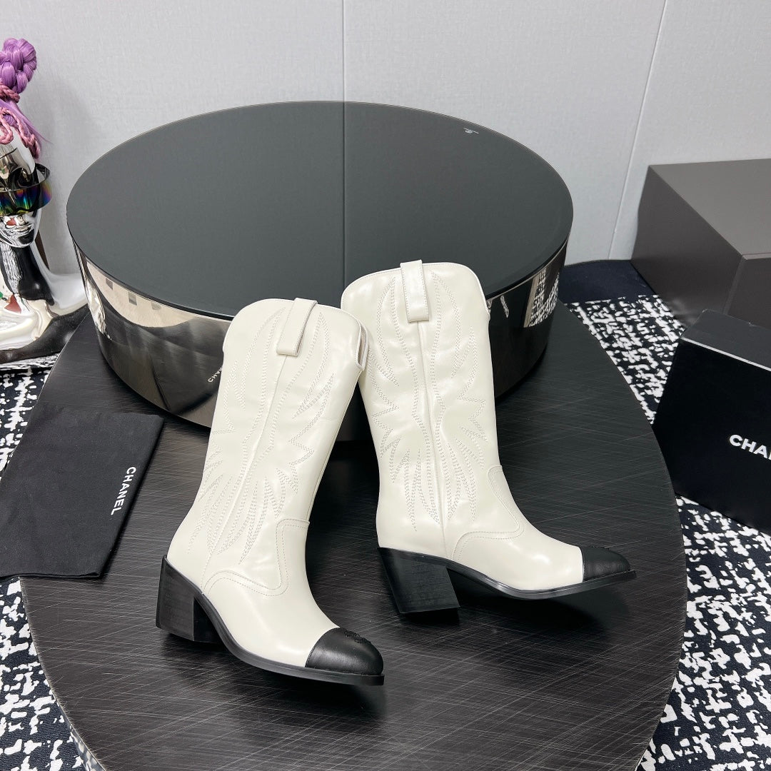 CC High Boot 5.5cm White Black Calfskin