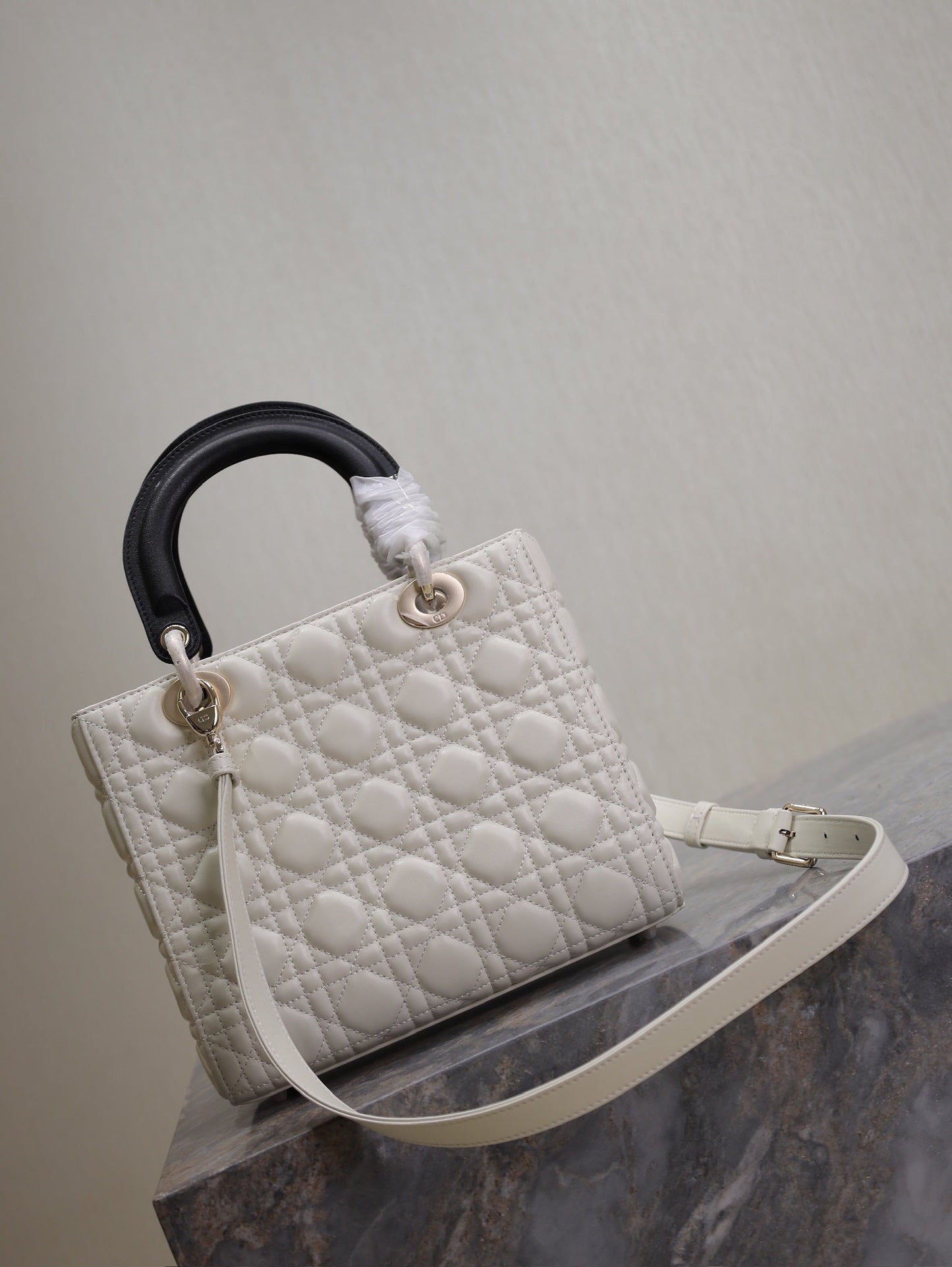 Lady Bag 20cm White Black Lambskin