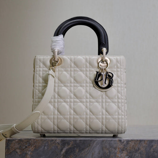 Lady Bag 20cm White Black Lambskin