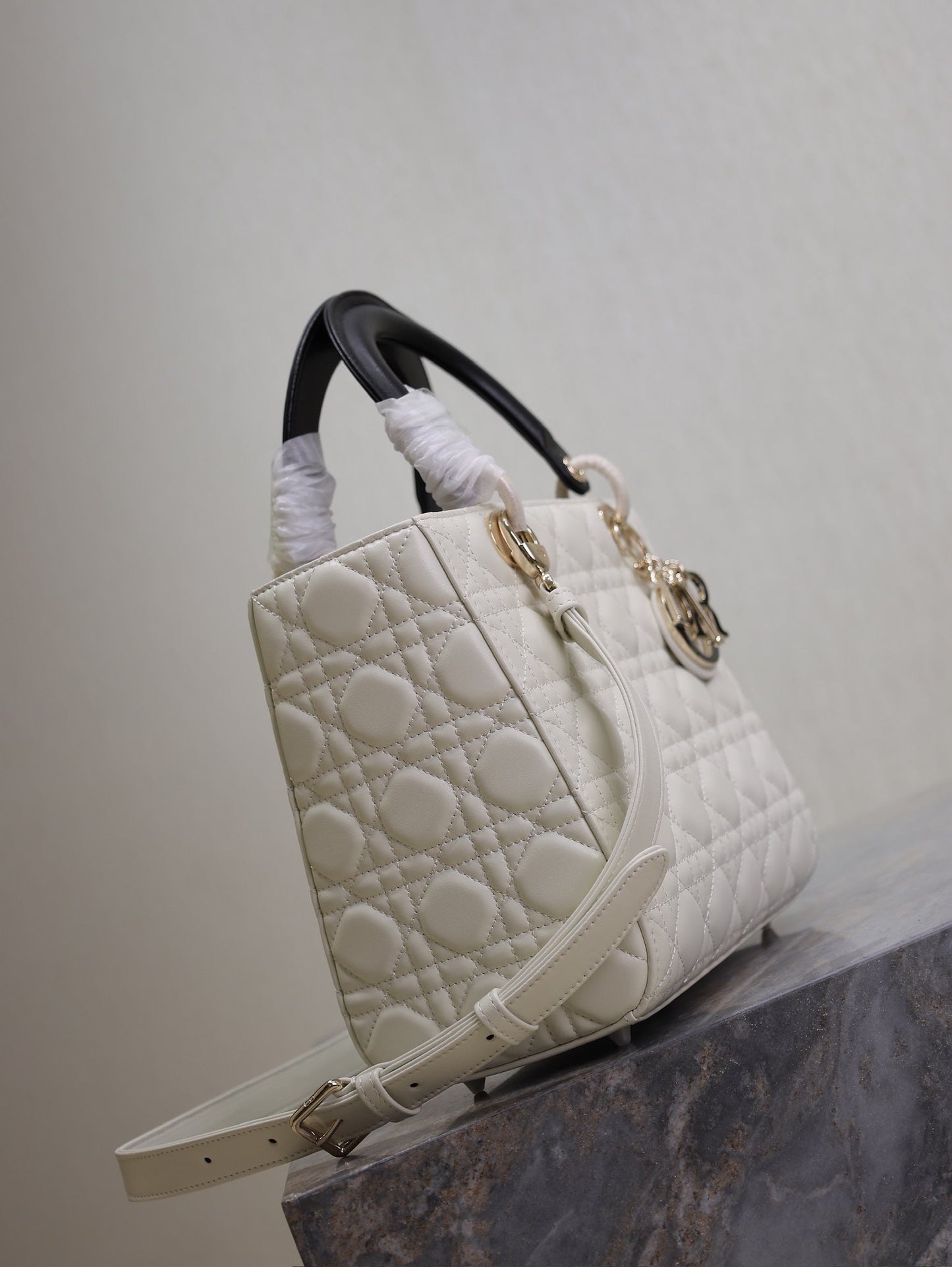 Lady Bag 20cm White Black Lambskin