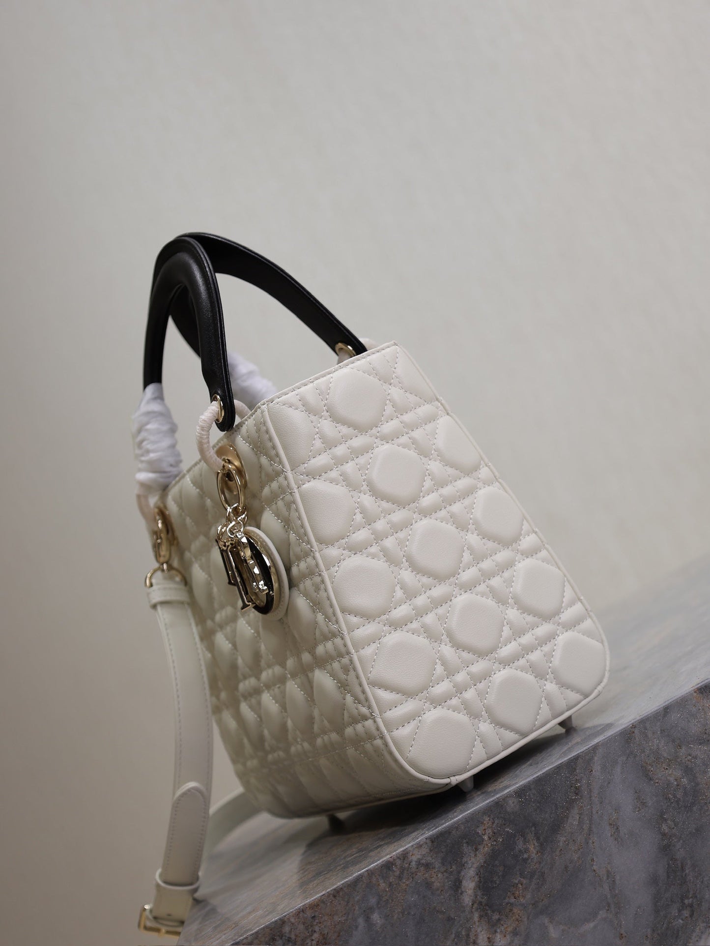 Lady Bag 20cm White Black Lambskin