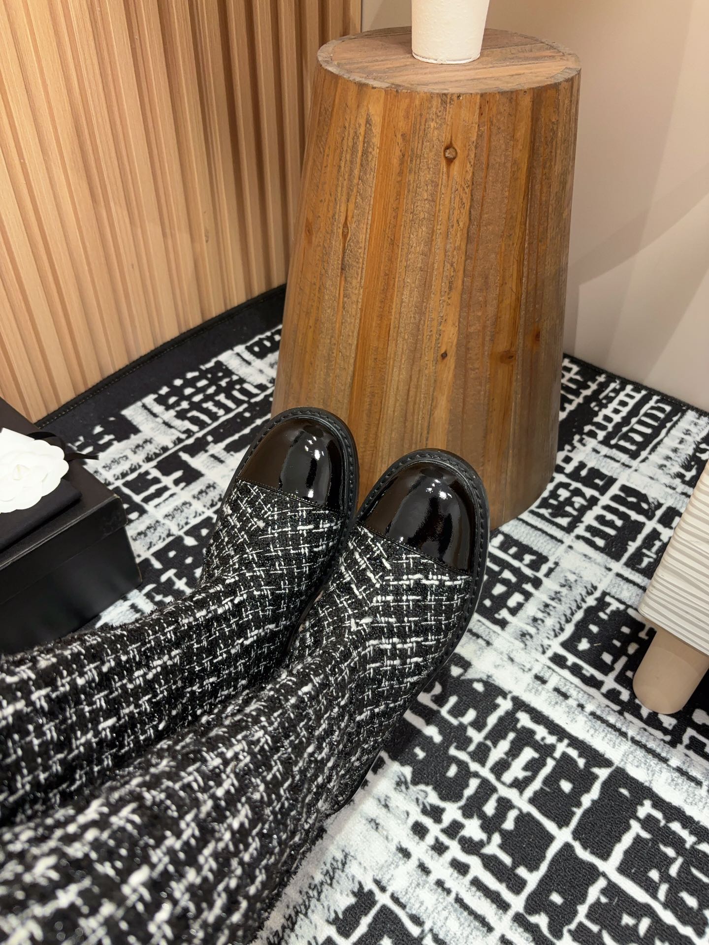 CC High Boots In Black Mix White Wool Tweed And Lambskin