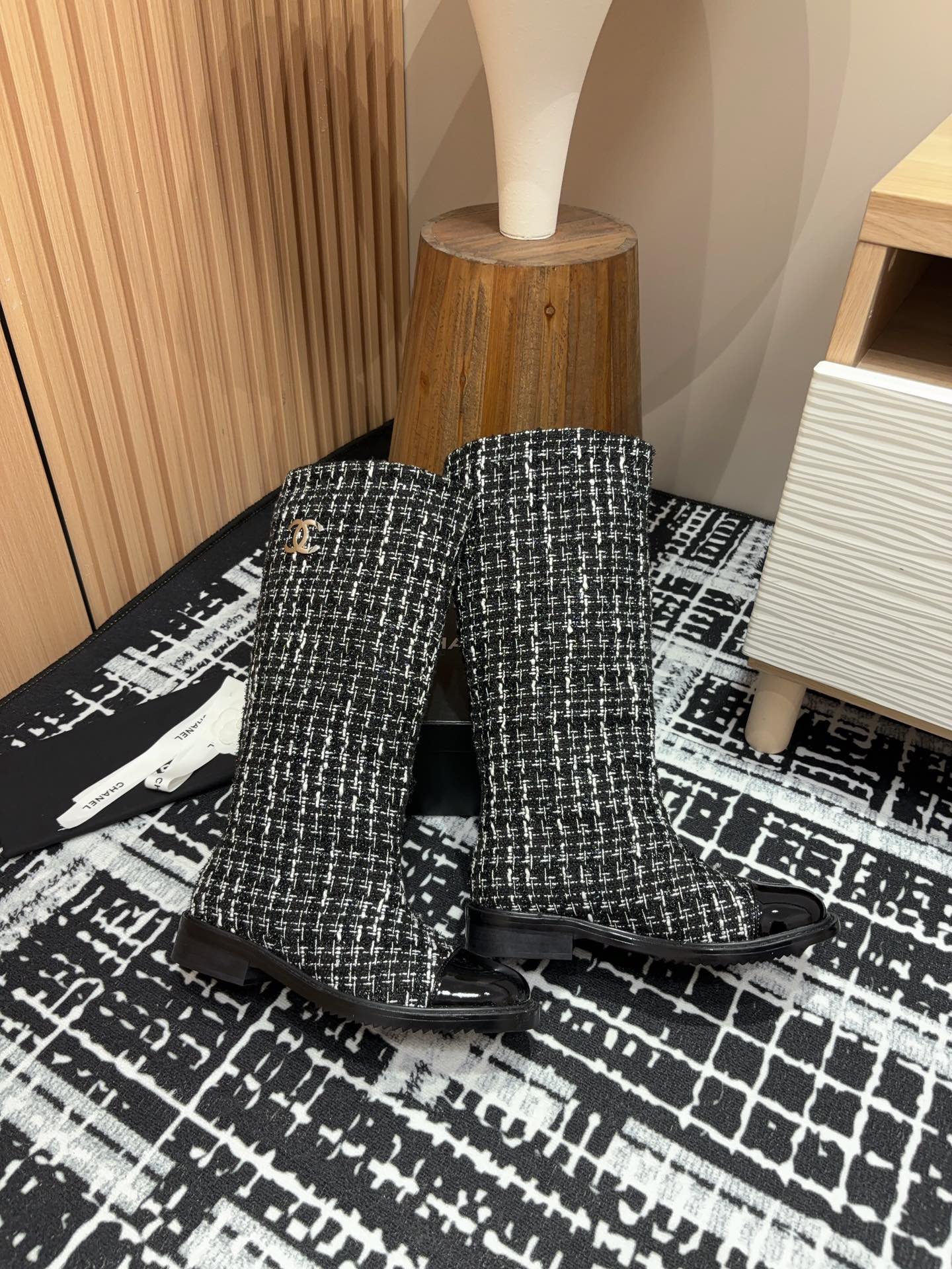 CC High Boots In Black Mix White Wool Tweed And Lambskin