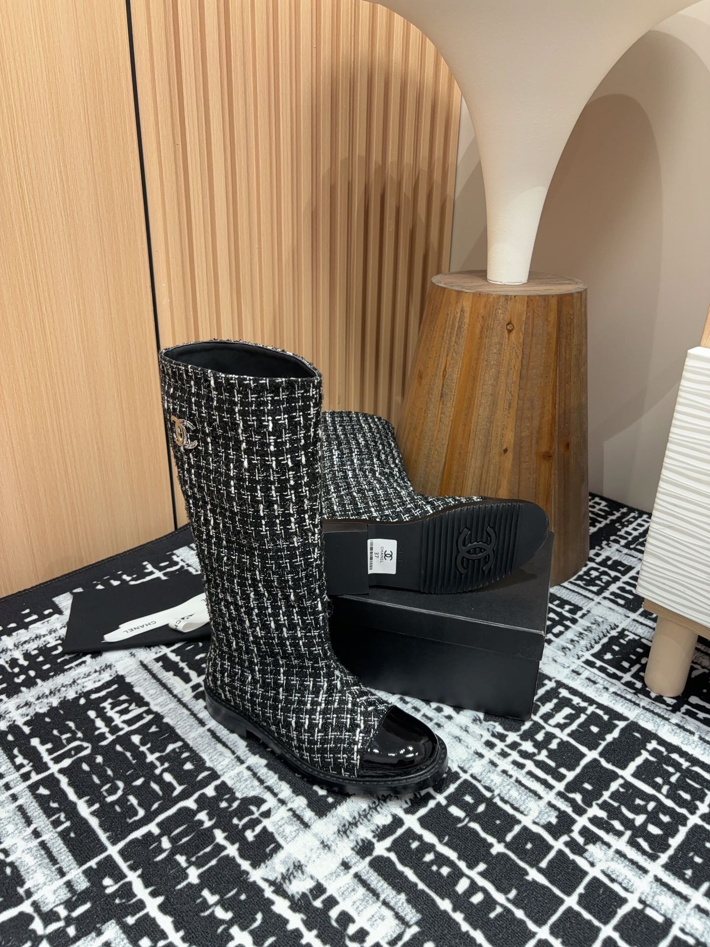 CC High Boots In Black Mix White Wool Tweed And Lambskin