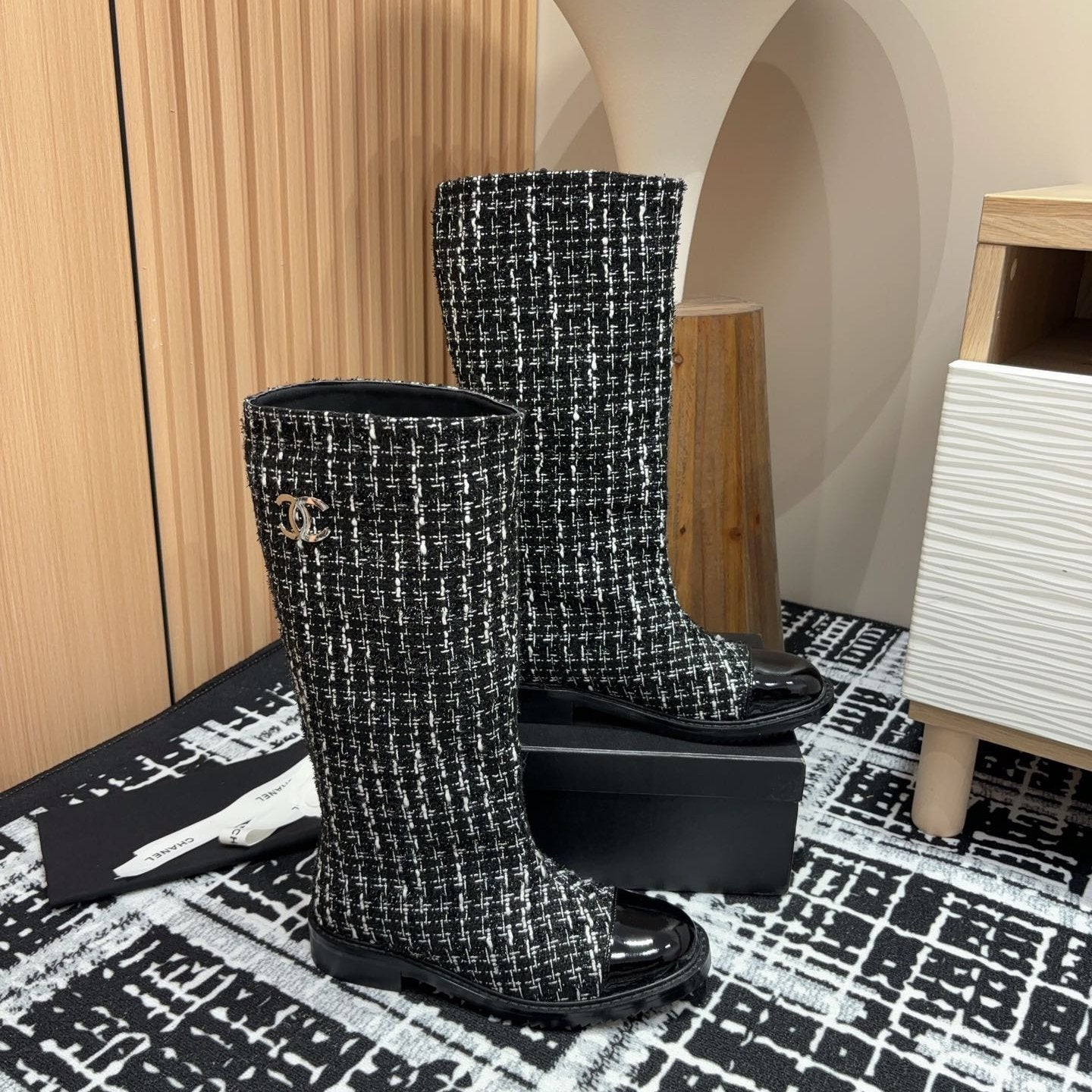 CC High Boots In Black Mix White Wool Tweed And Lambskin