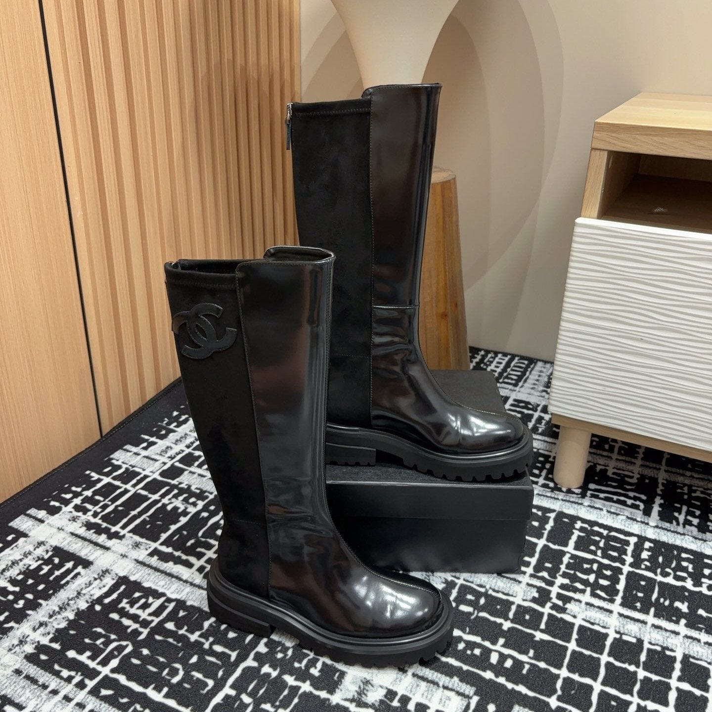 CC High Boots 45mm Glossy Black Calfskin And Suede