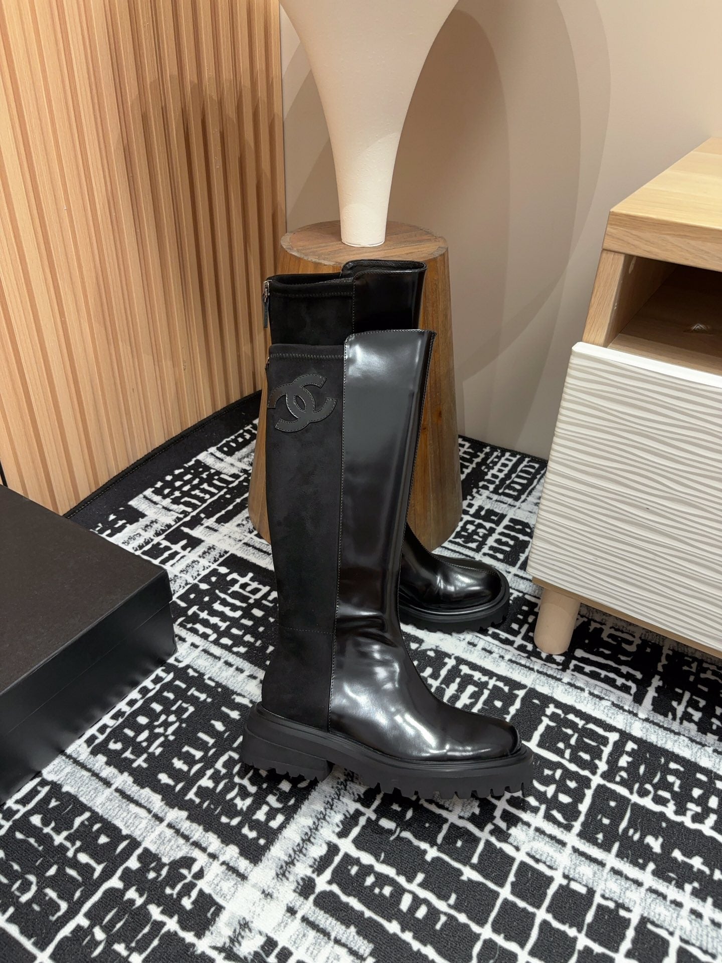 CC High Boots 45mm Glossy Black Calfskin And Suede