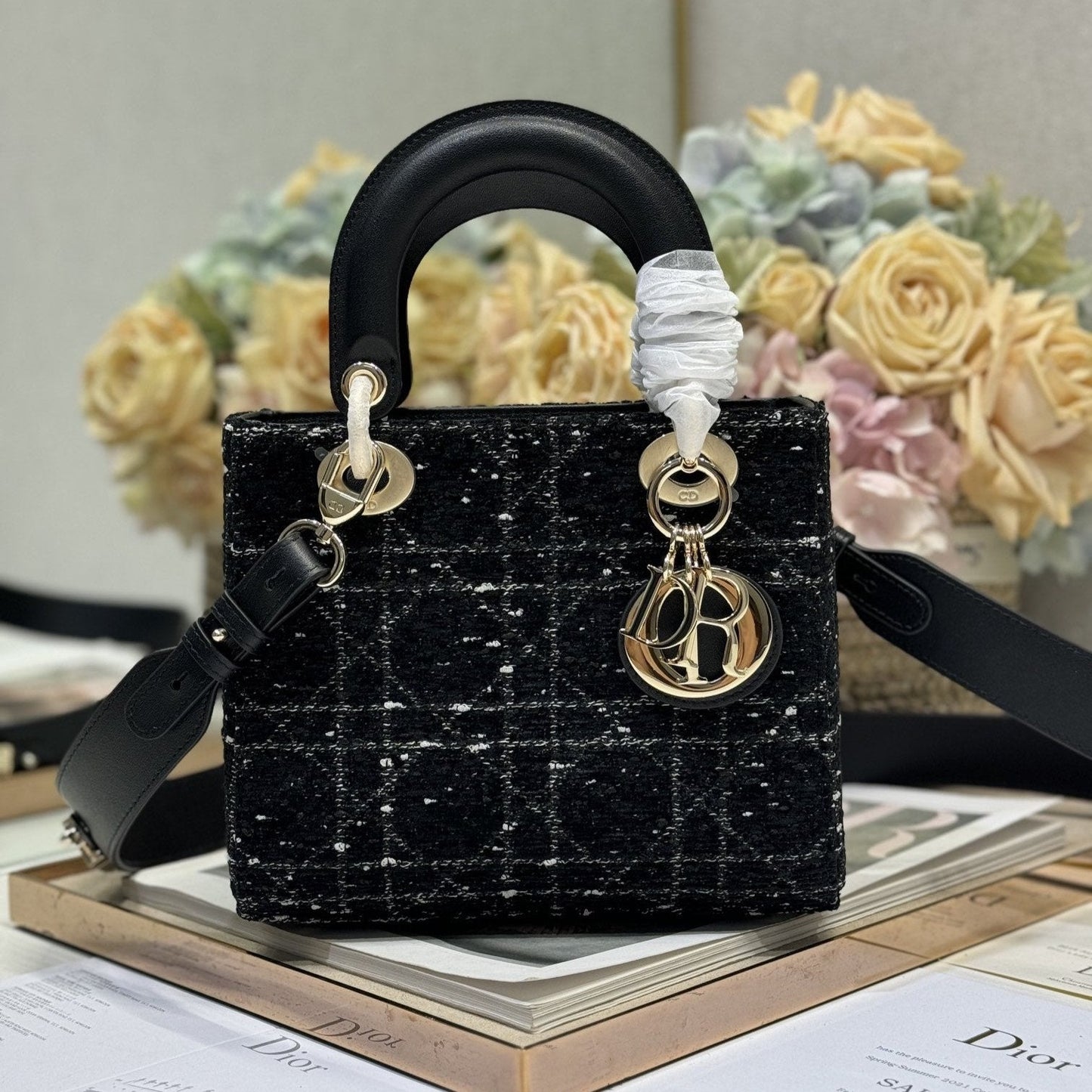 CD Lady Bag 20cm Black Lambskin Black White Canvas