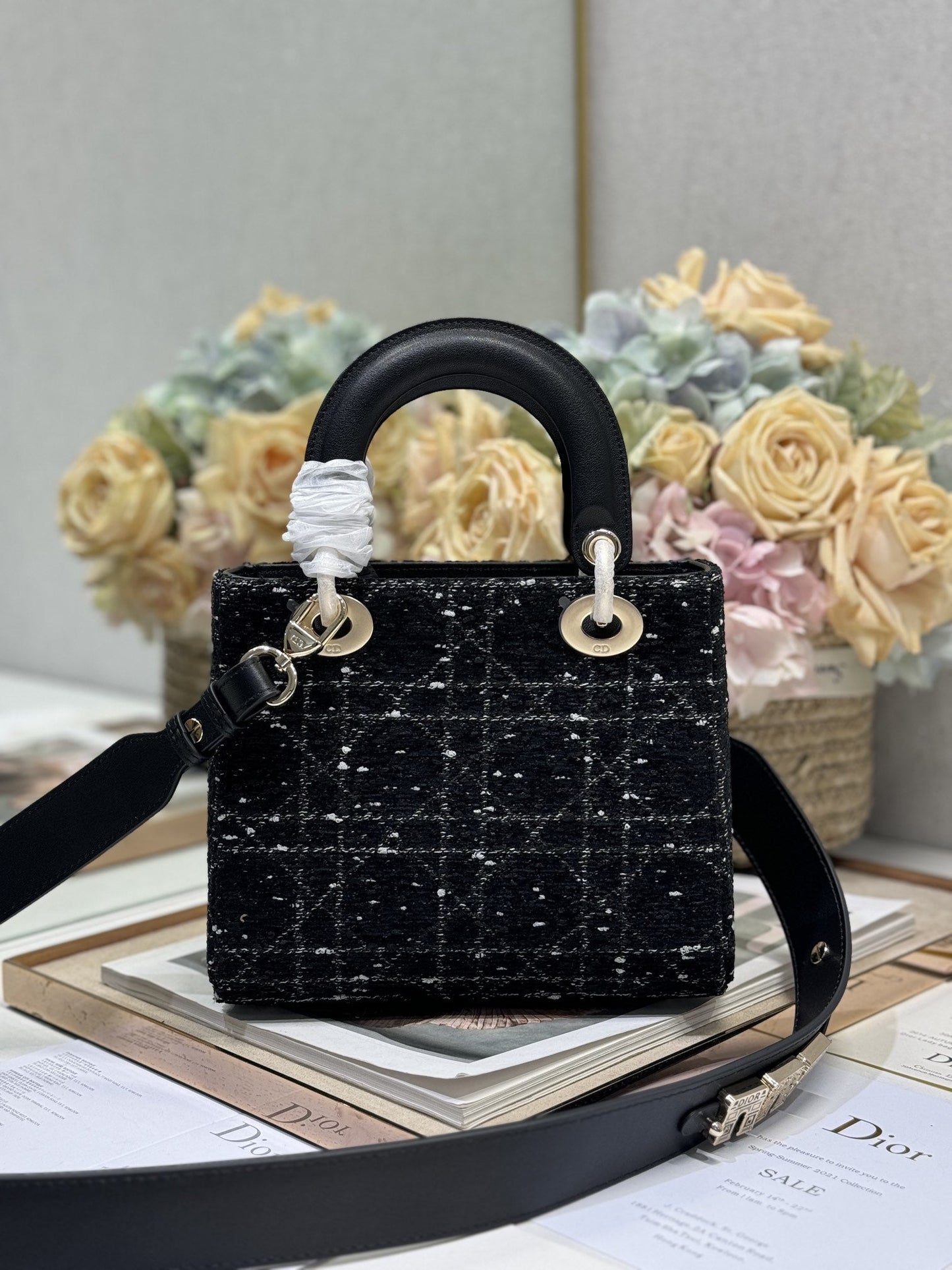 CD Lady Bag 20cm Black Lambskin Black White Canvas