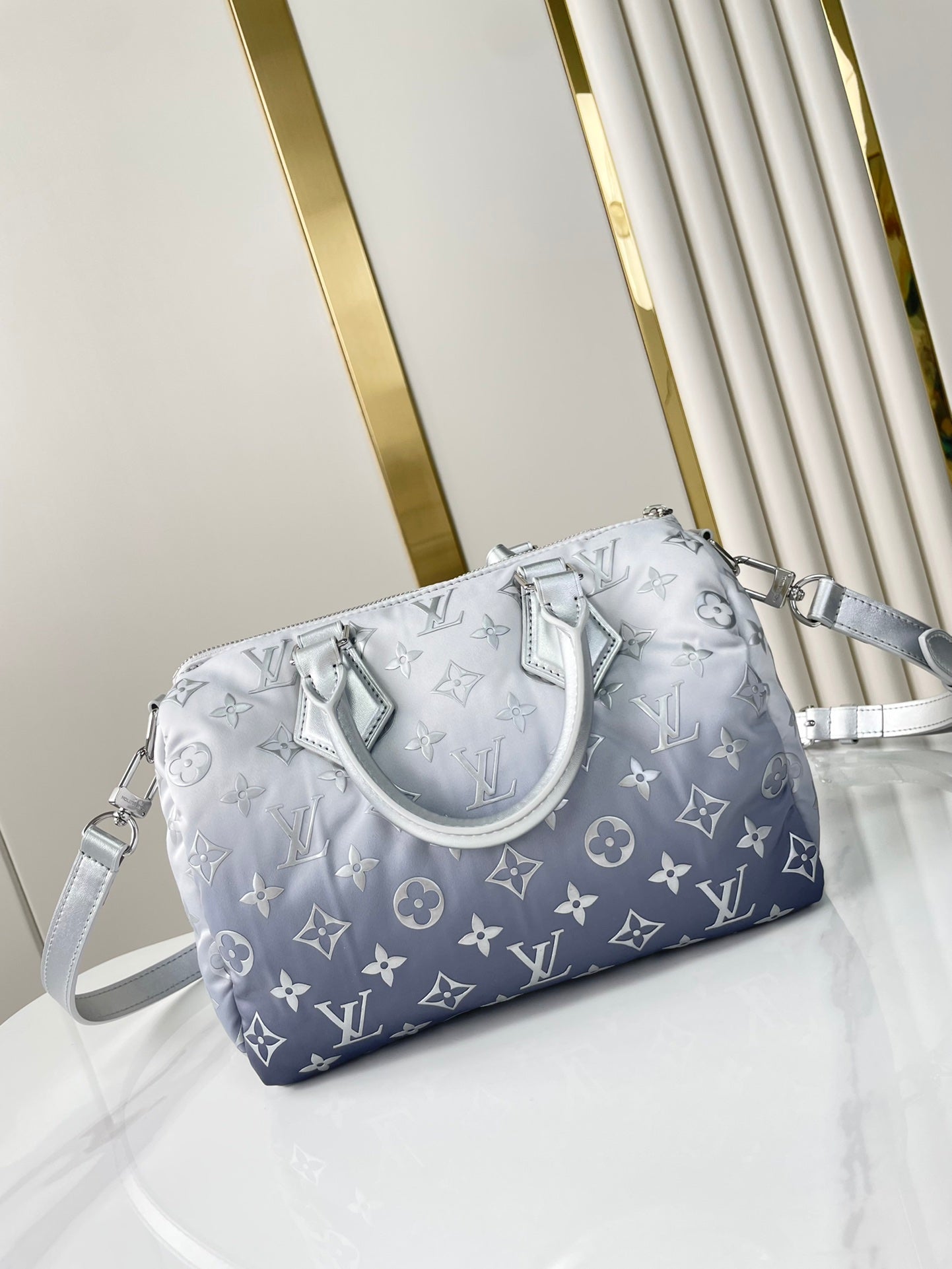 SPEEDY BANDOULIÈRE 25 IN GRADIENT SILVER MONOGRAM NYLON SILVER HARDWARE