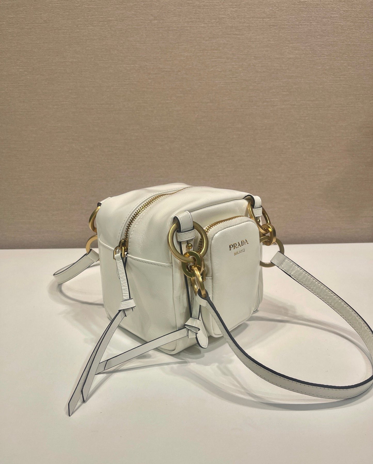 SMALL RECTANGULAR BAG 14 IN WHITE OIL WAX LAMBSKIN GOLD HARDWARE