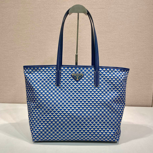 TOTE BAG 33 IN BLUE MIX WHITE TRIANGLE PATTERN EMBROIDERED FABRIC