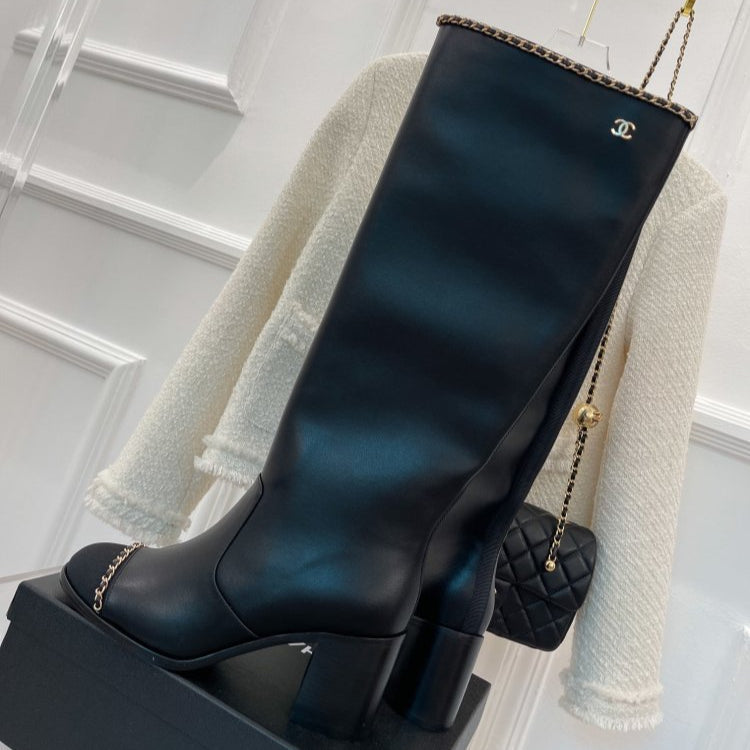 CC High Boots Black Calfskin Leather Chain