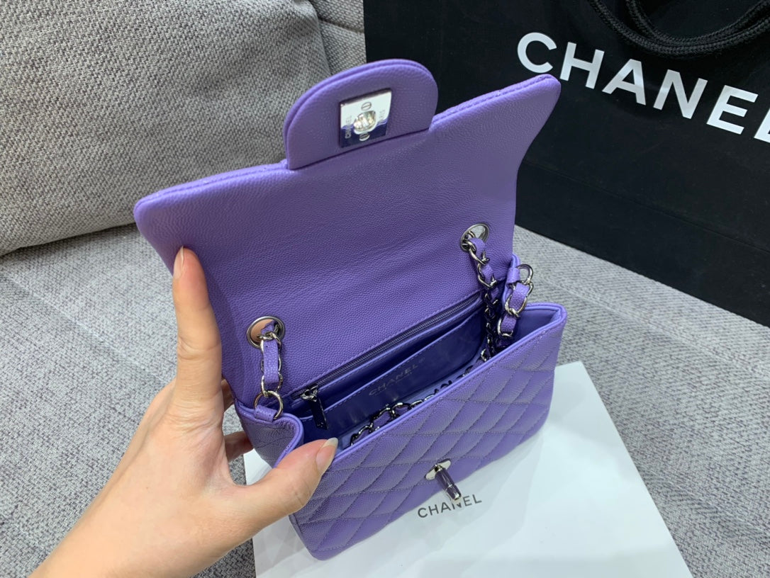 MINI SQUARE FLAP BAG 17CM PURPLE CAVIAR SILVER HARDWARE