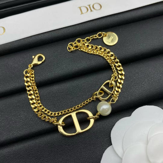 CD LOGO MOP GOLD DOUBLE CHAIN BRACELET