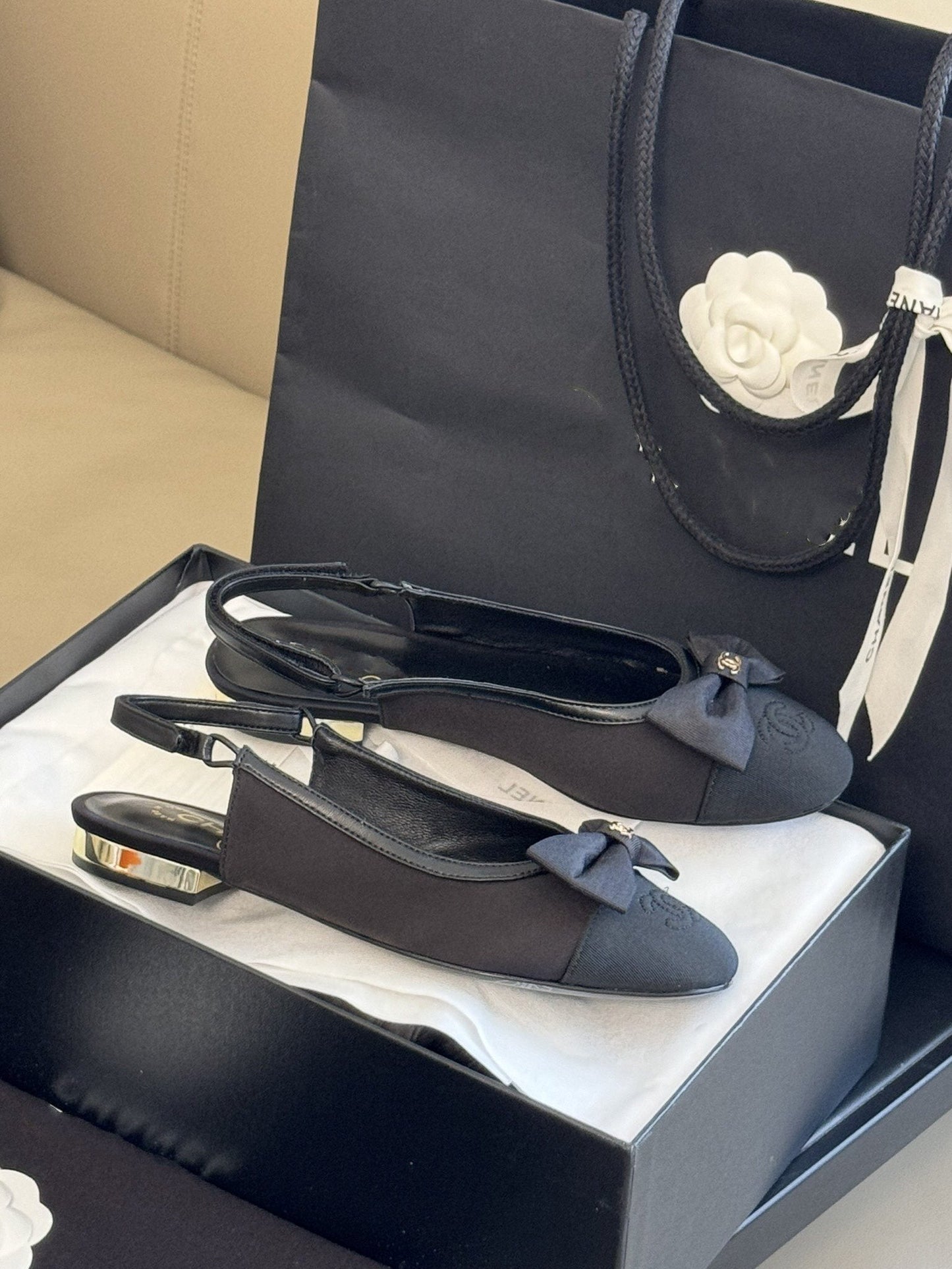 cc slingback flat black grosgrain calfskin