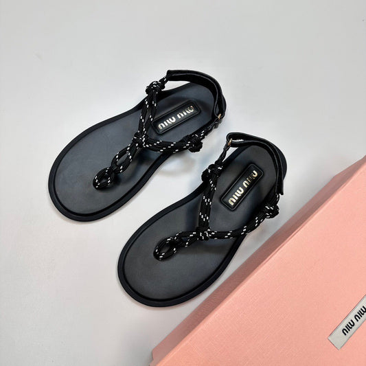 miu riviere cord & leather black sandal