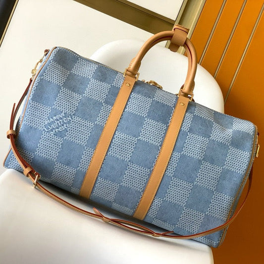 KEEPALL 50 BANDOULIERE BLUE DAMIER DENIM