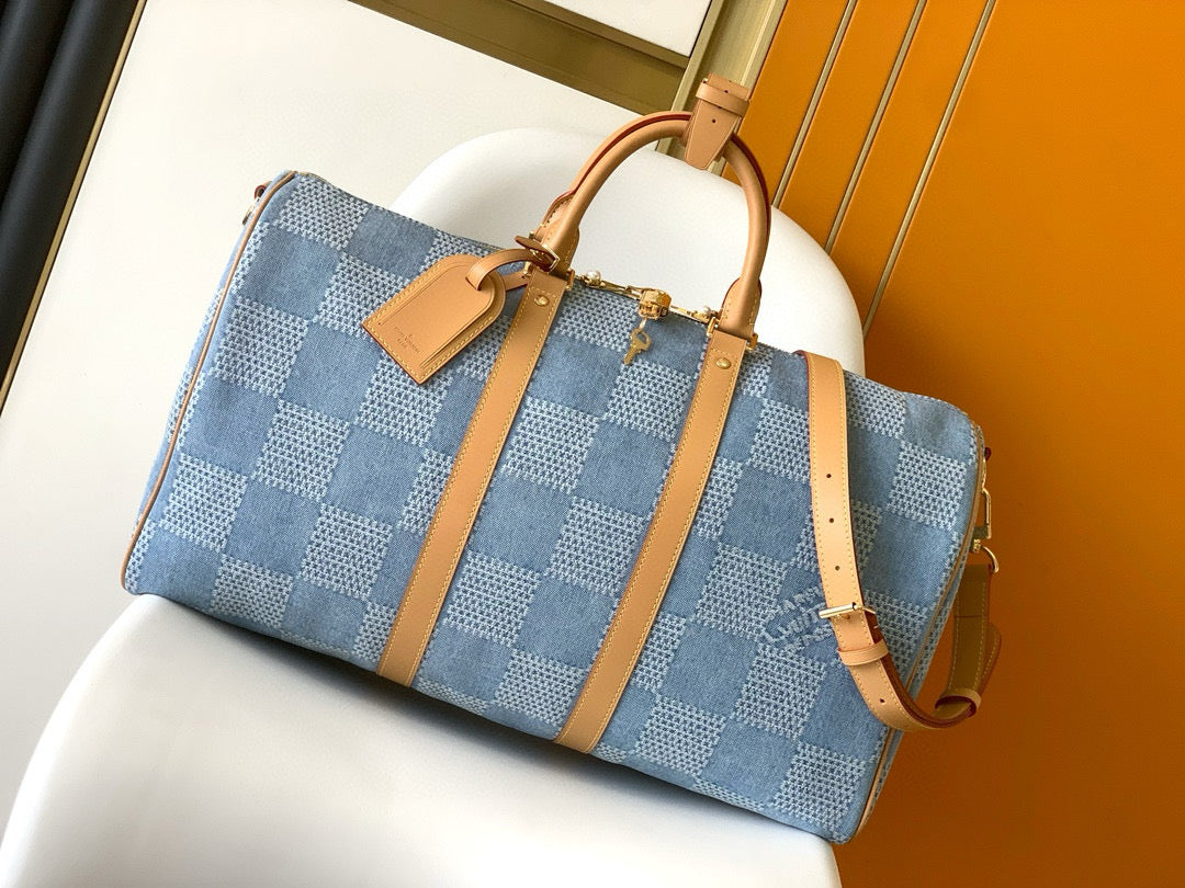 KEEPALL 50 BANDOULIERE BLUE DAMIER DENIM