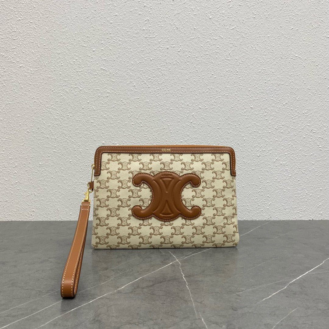 small pouch with strap 24cm beige textile tan calfskin