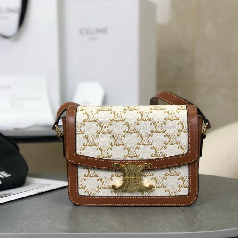 TEEN TRIOMPHE 18.5 WHITE MONOGRAM CANVAS TAN CALFSKIN