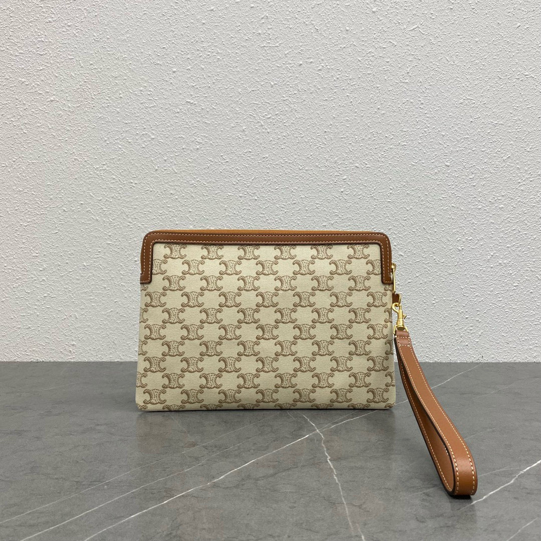 small pouch with strap 24cm beige textile tan calfskin