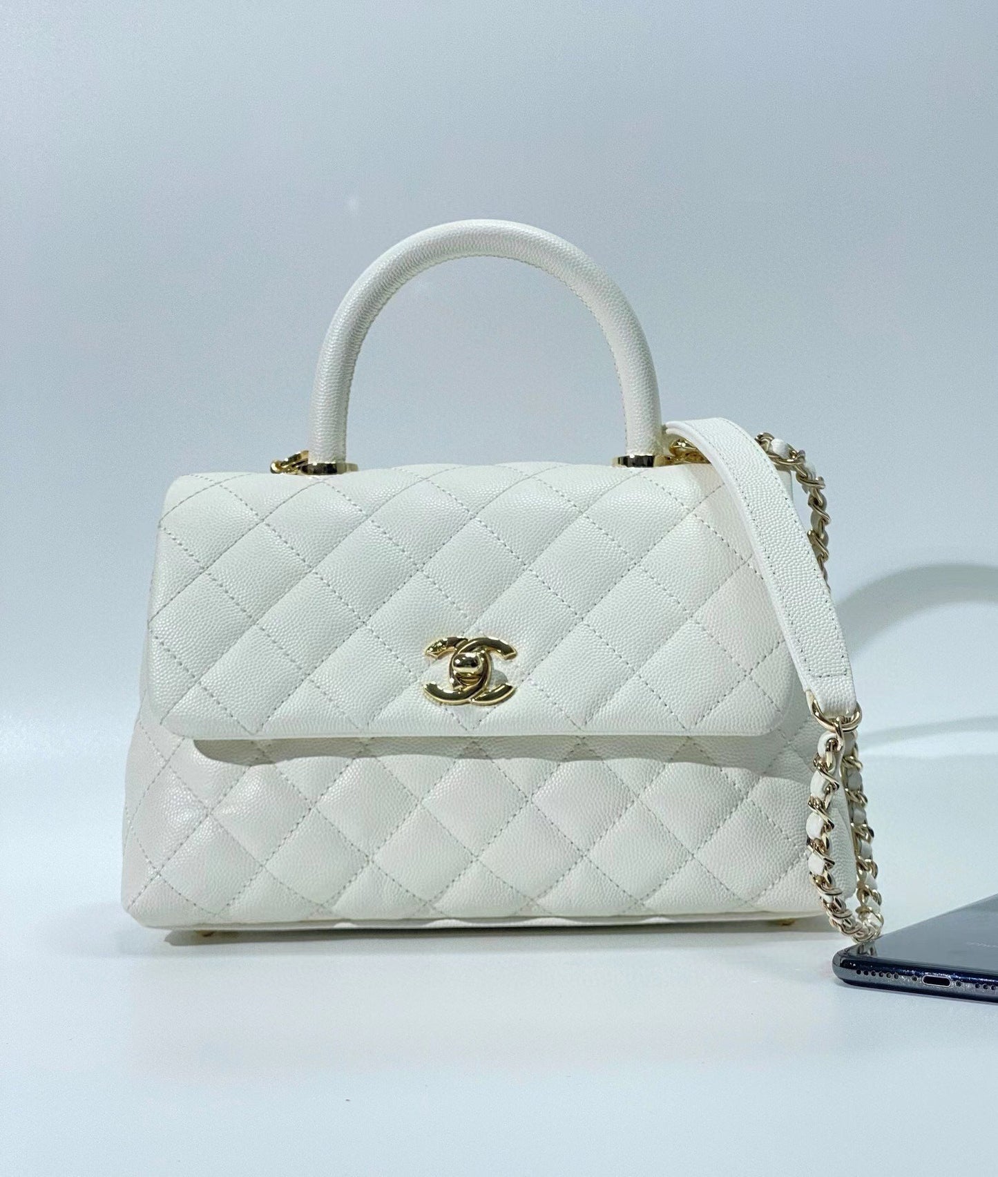 coco handle flap bag 23cm white quilted caviar light gold hardware