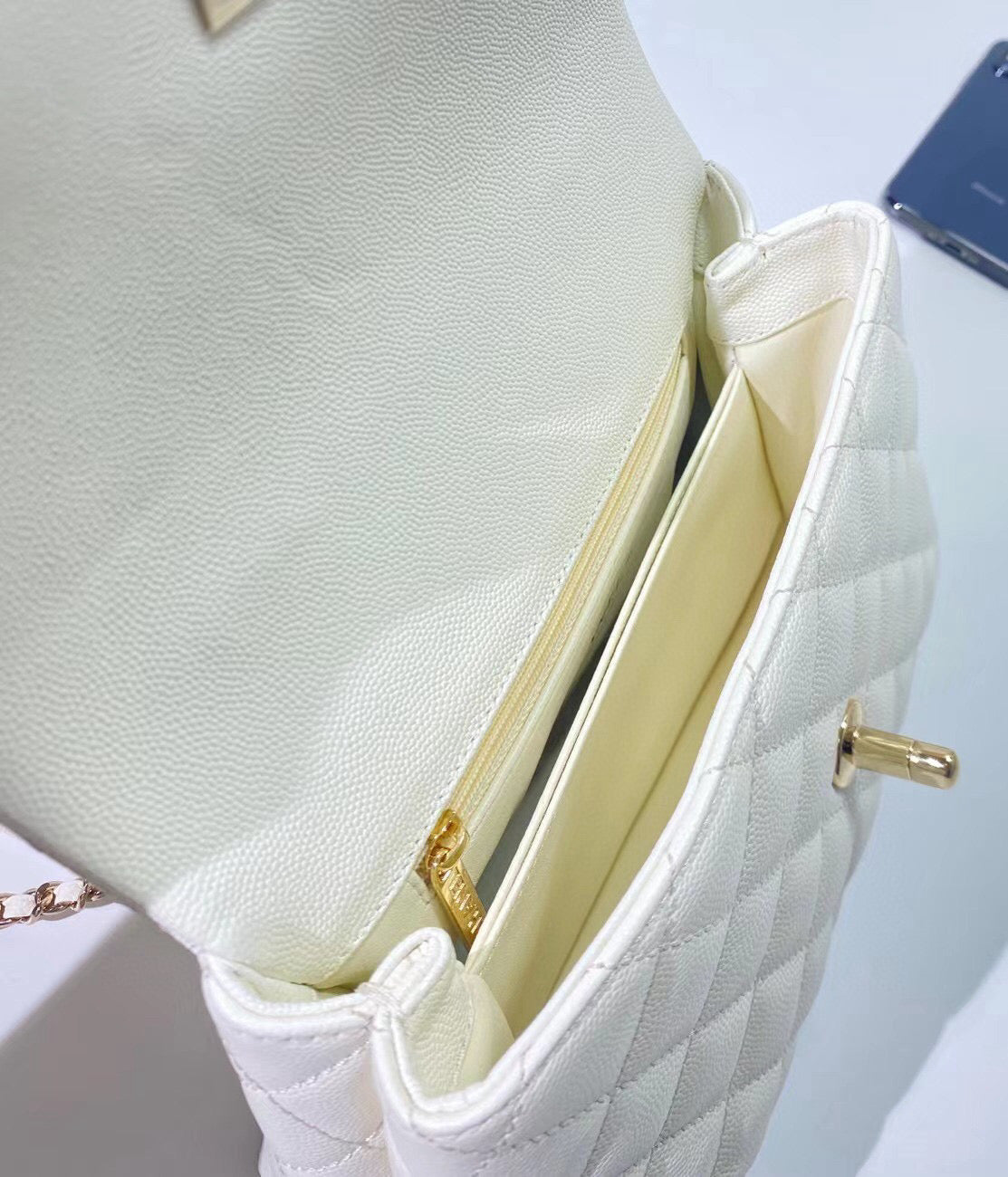 coco handle flap bag 23cm white quilted caviar light gold hardware