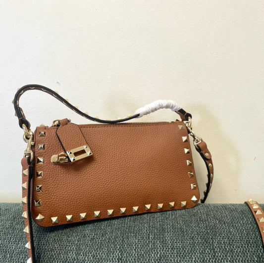 Small Rockstud Bag 19cm Brown Grainy Calfskin