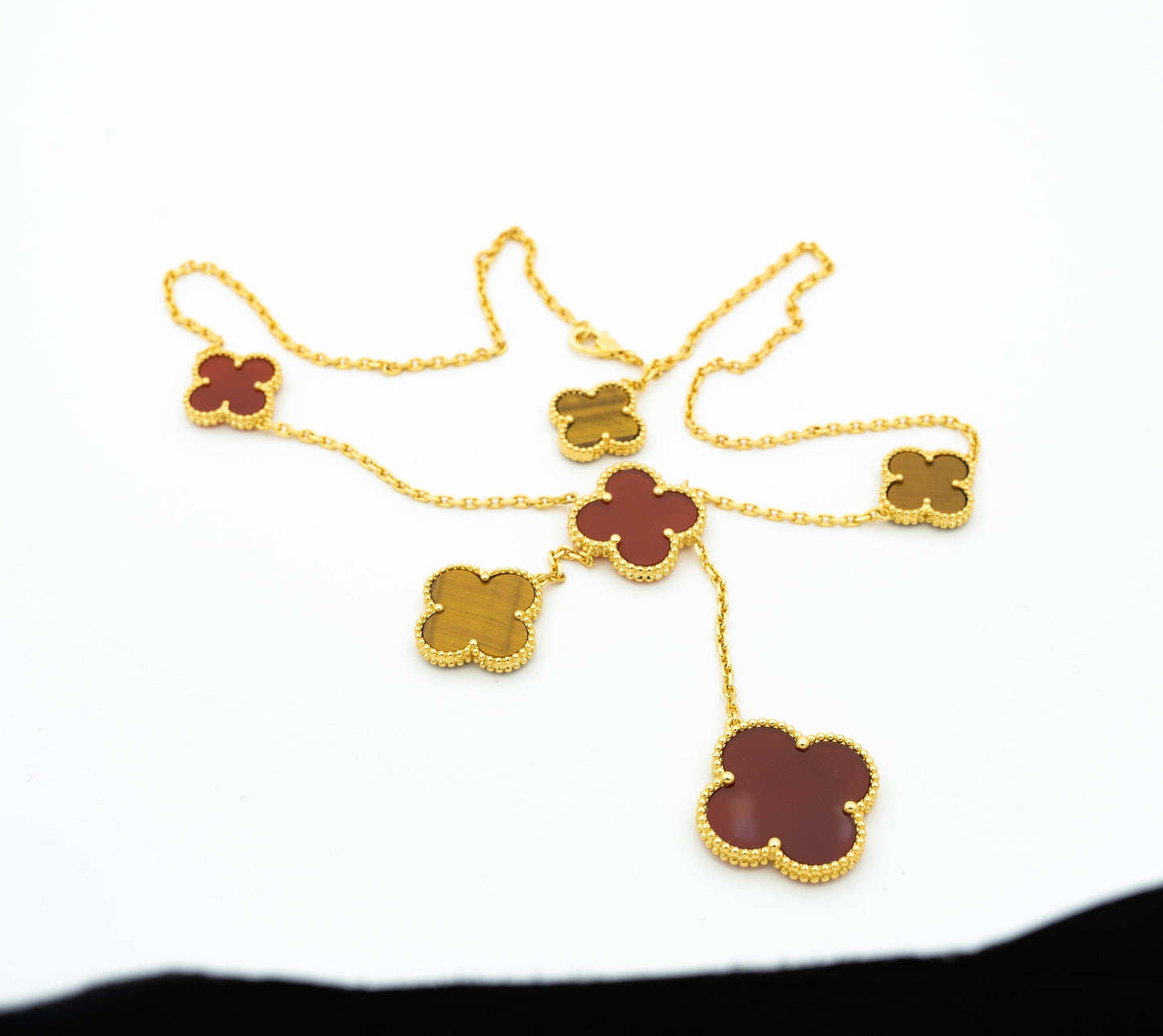 CLOVER TIGER EYE CARNELIAN NECKLACE 6 MOTIF